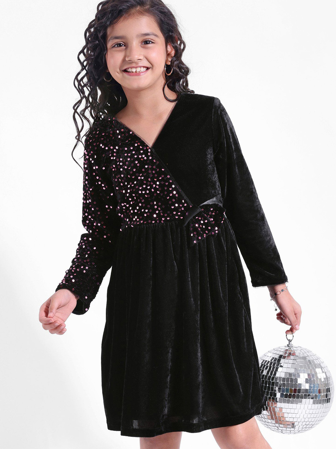 Hola Bonita Girls Sequined Embellished V-Neck Velvet Wrap Dress With Bow Details