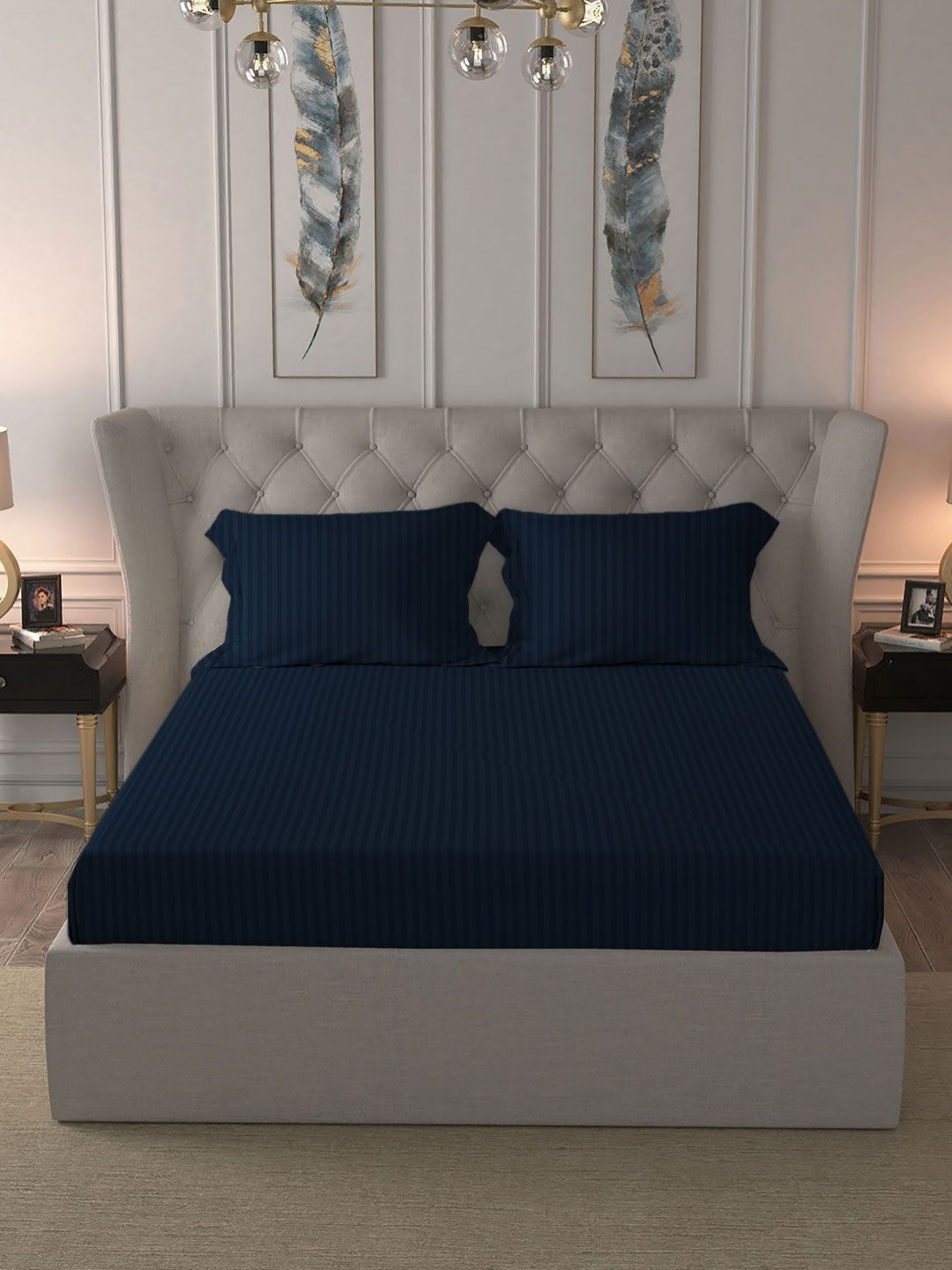 MYTRIDENT Classic Blue Striped Cotton Anti-Microbial 210 TC King Fine Bedsheet with 2 Pillow Covers-108 x 108 inches