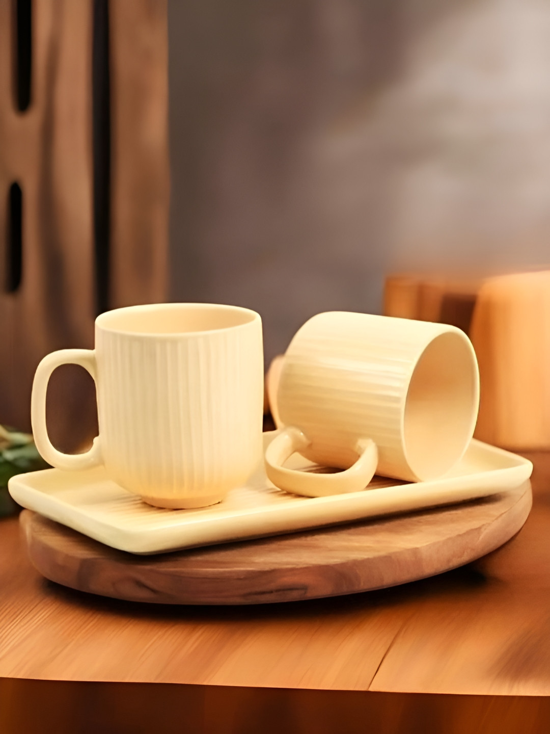 MITHILA Handicrafts Lucas Helix Cream Ceramic Microwave Safe 2 Piece Mug with Tray-250ml