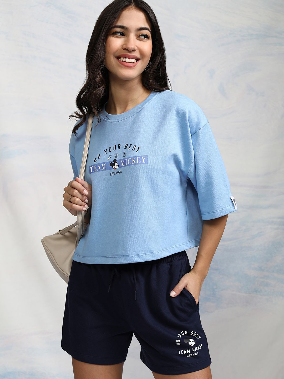 Tokyo Talkies Disney Women Mickey Mouse Printed Crop T Shirt with Shorts Co Ord Set
