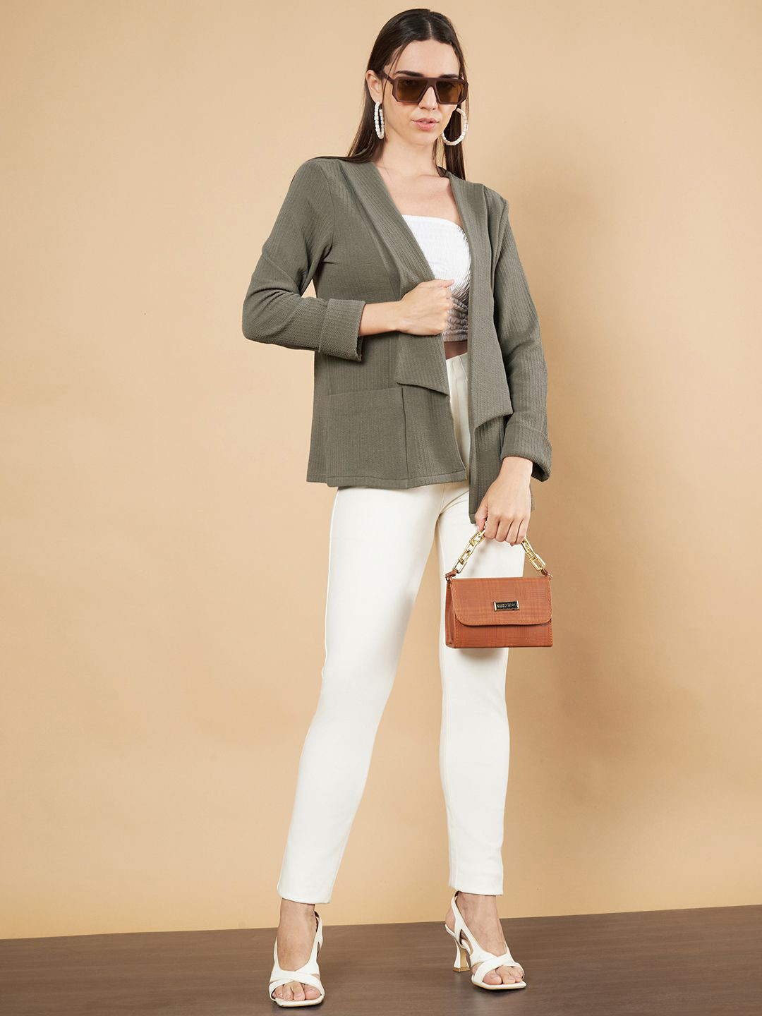 Fbella Self Design Shawl Collar Open Front Jacket Shrug