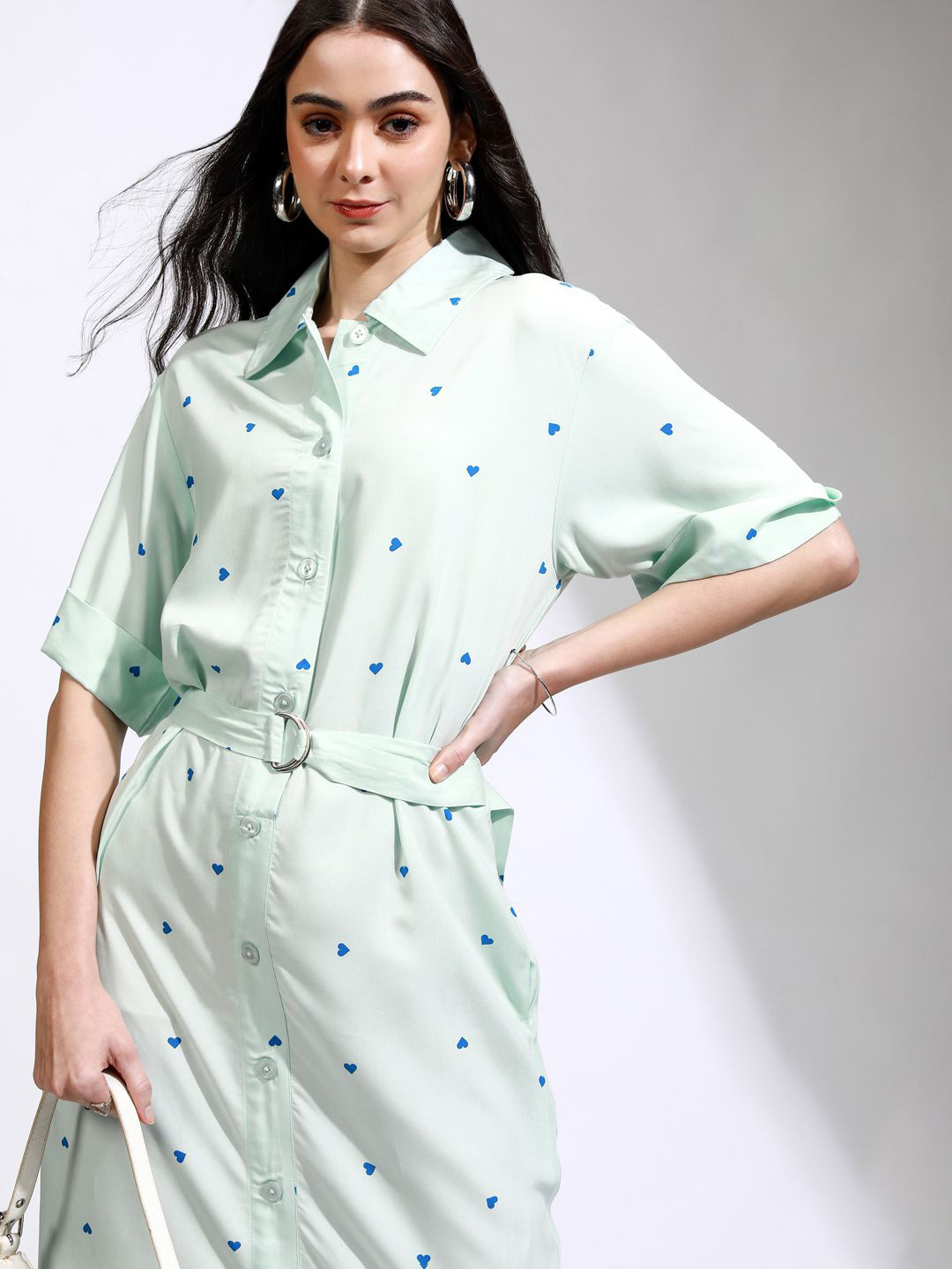 Tokyo Talkies Women Shirt Collar Roll-Up Sleeves Conversational Print Shirt Midi Dress