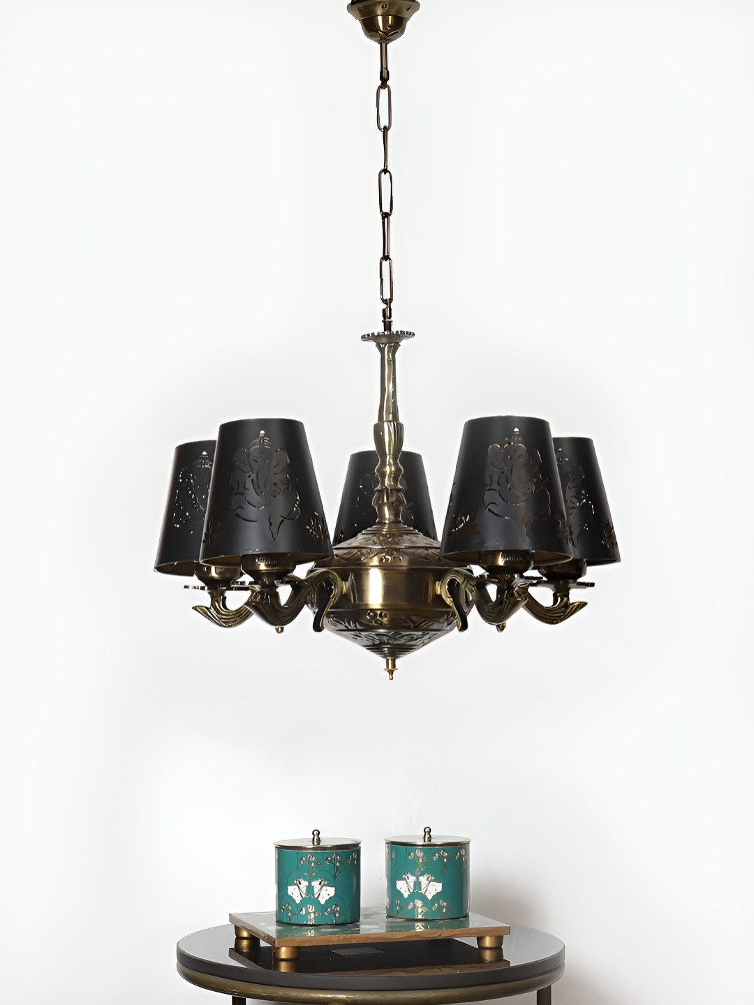 Devansh Black Ganesh Ji  Metal Etched shade with Antique Golden Chandelier Ceiling Lamp