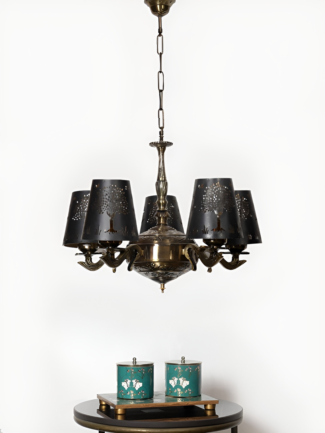 Devansh Black Tree Metal Etched shade with Antique Golden Chandelier Ceiling Lamp