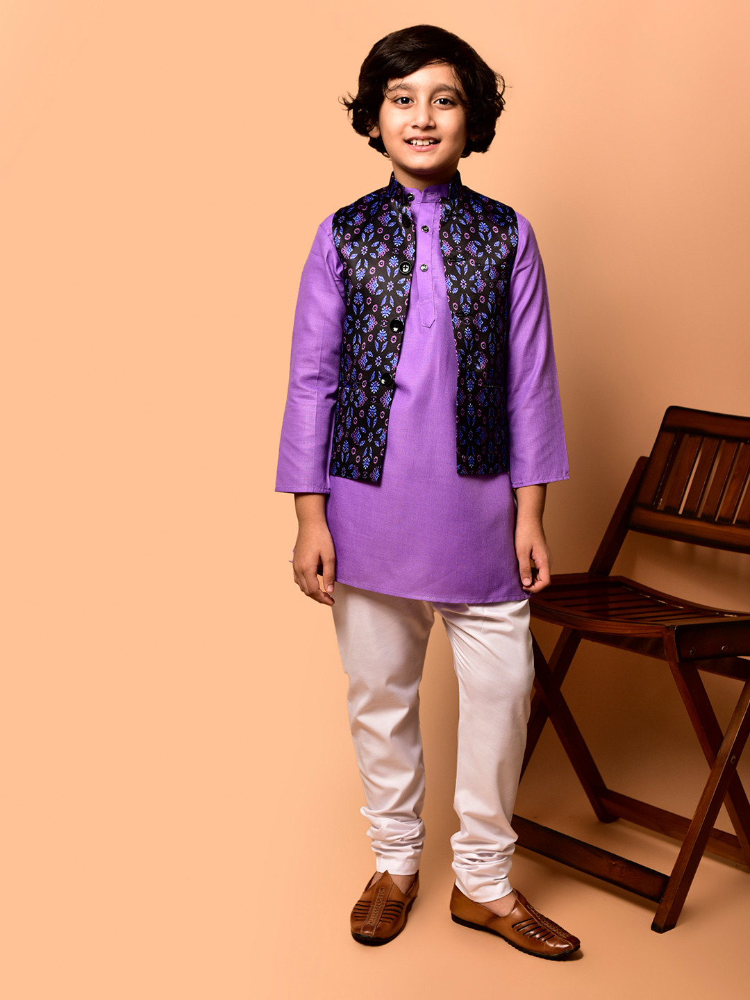 PRINTCULTR Boys Band Collar Neck Straight Kurta & Churidar & Nehru Jacket