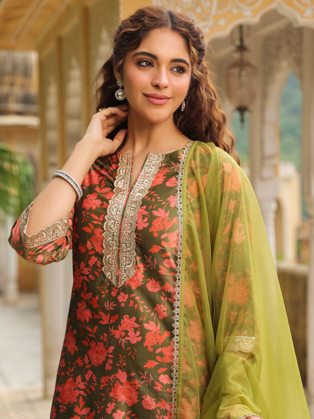 Janasya Floral Printed Regular Patchwork Velvet Straight Kurta with Salwar & Dupatta