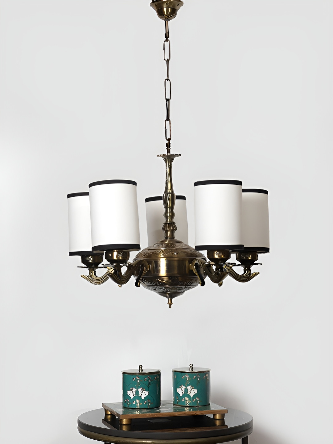 Devansh White & Black Round cotton shade with Antique Golden Chandelier Metal Ceiling Lamp