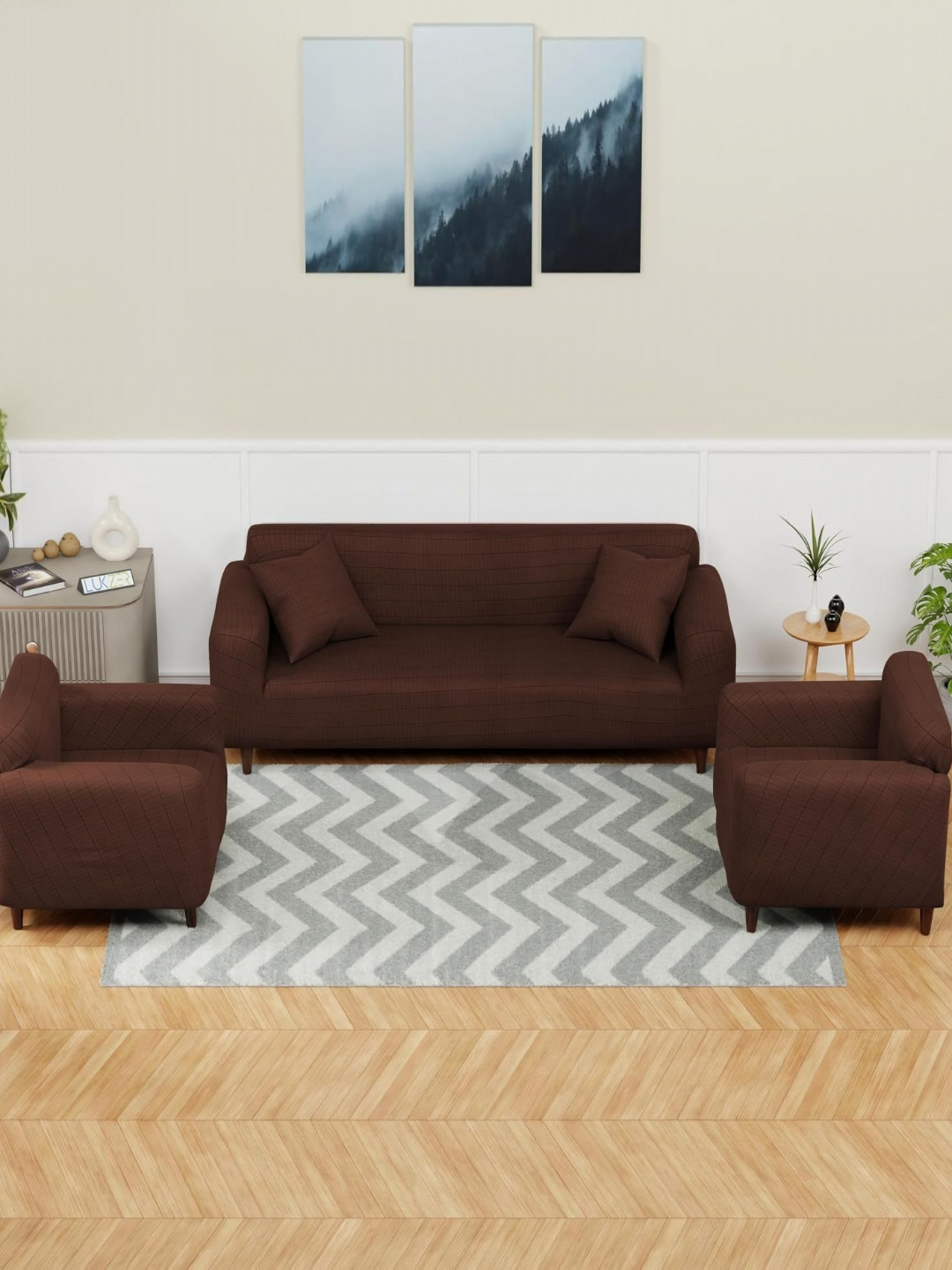 Lukzer Brown Printed Jacquard 5 Piece Sofa Cover With Cushion Covers