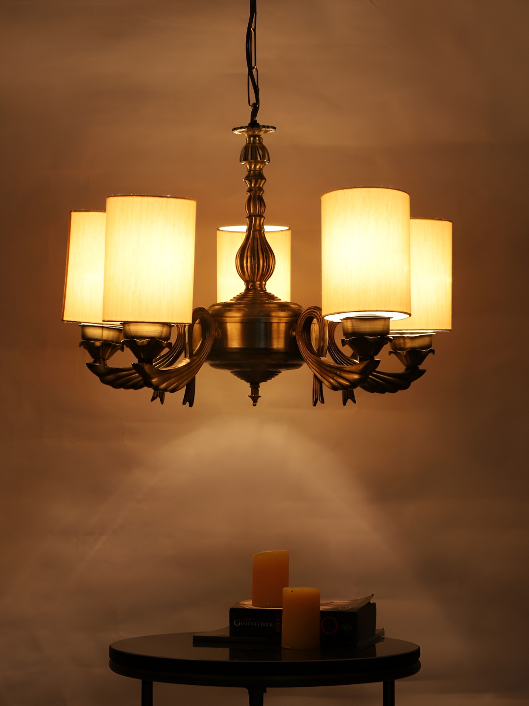 Devansh Off White Cotton shade with Antique Golden Chandelier Metal Ceiling Lamp
