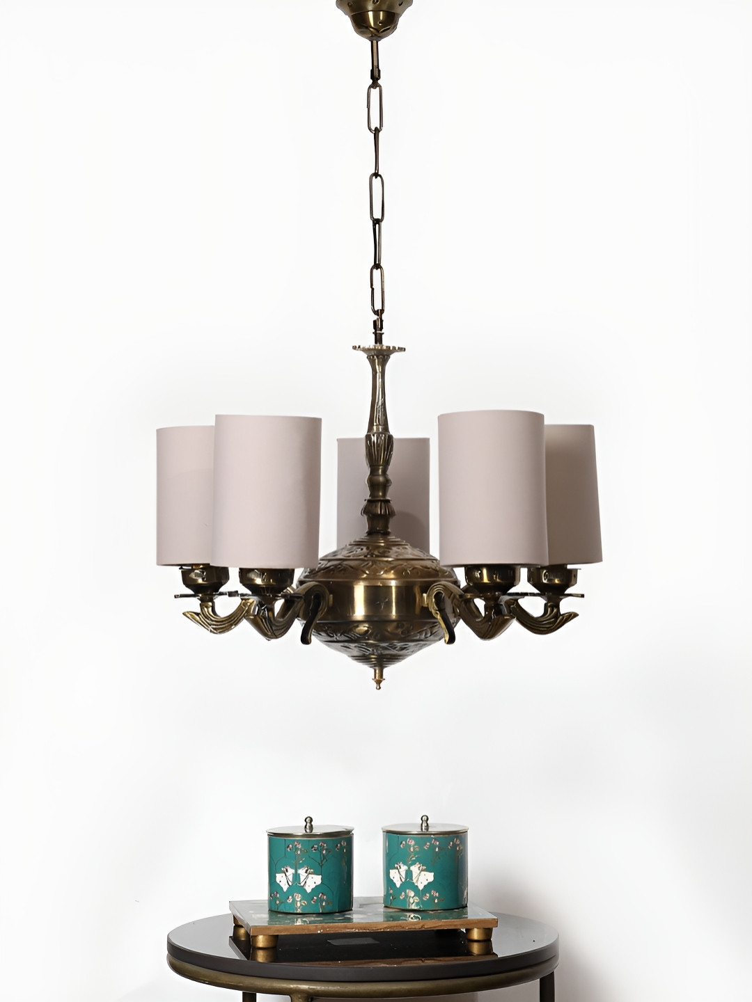 Devansh Grey Round cotton shade with Antique Golden Chandelier Metal Ceiling Lamp