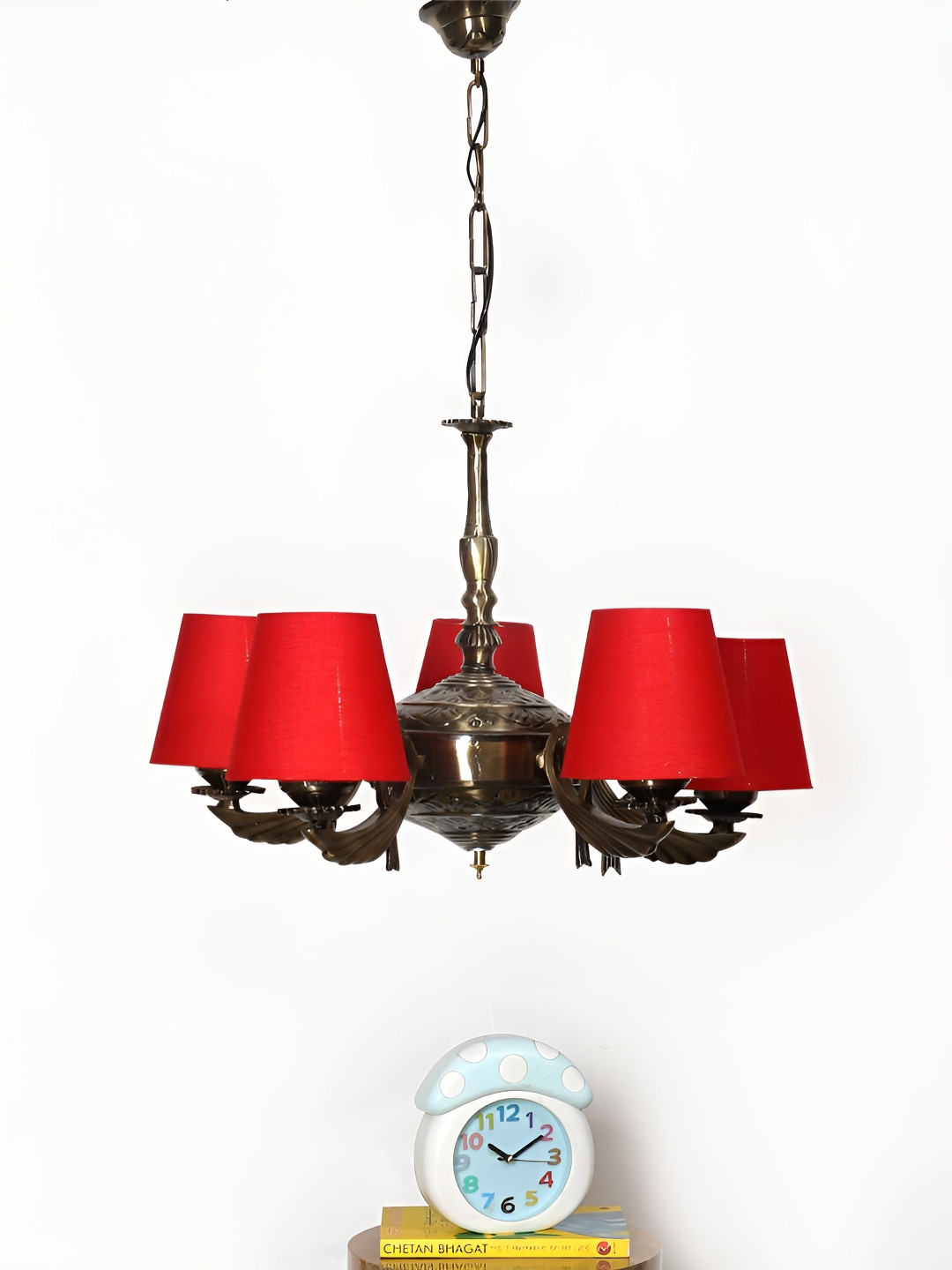Devansh Red Textured Conical cotton shade with Antique Golden Chandelier Ceiling Lamp