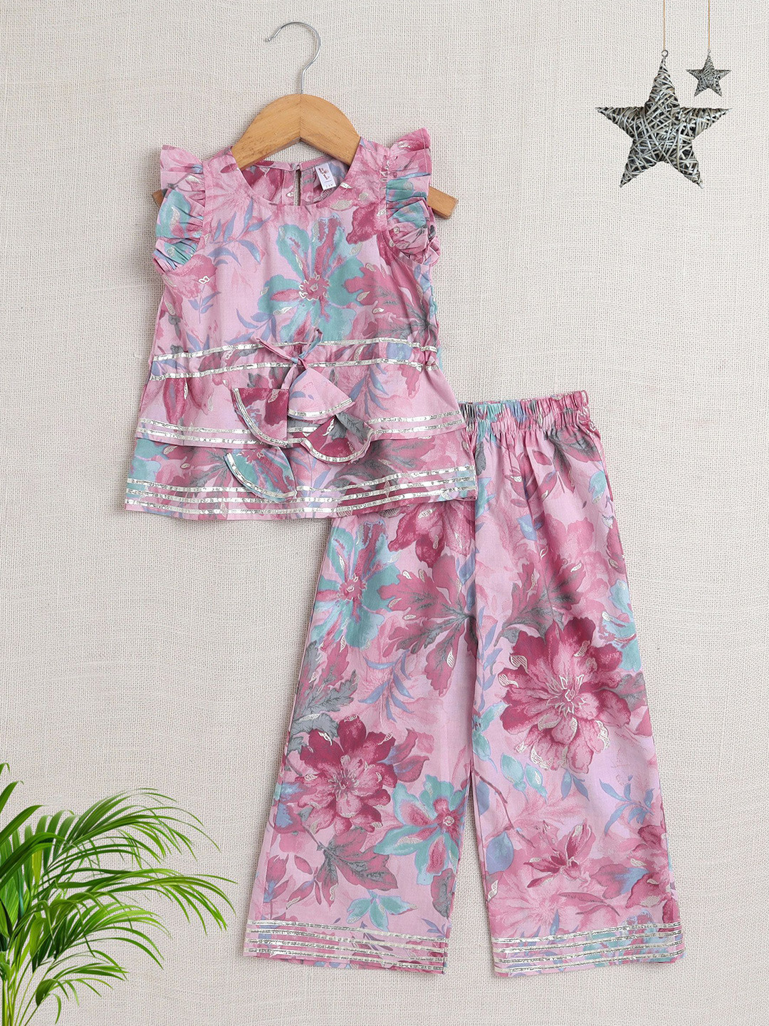 The Magic Wand Girls Floral Printed Round Neck Sleeveless Top & Palazzo