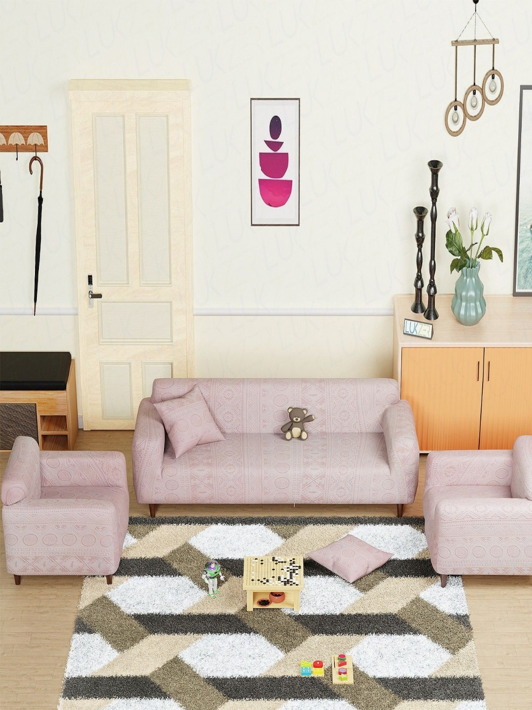 Lukzer Pastel Pink Tribal Pattern 5 Seater Sofa Cover