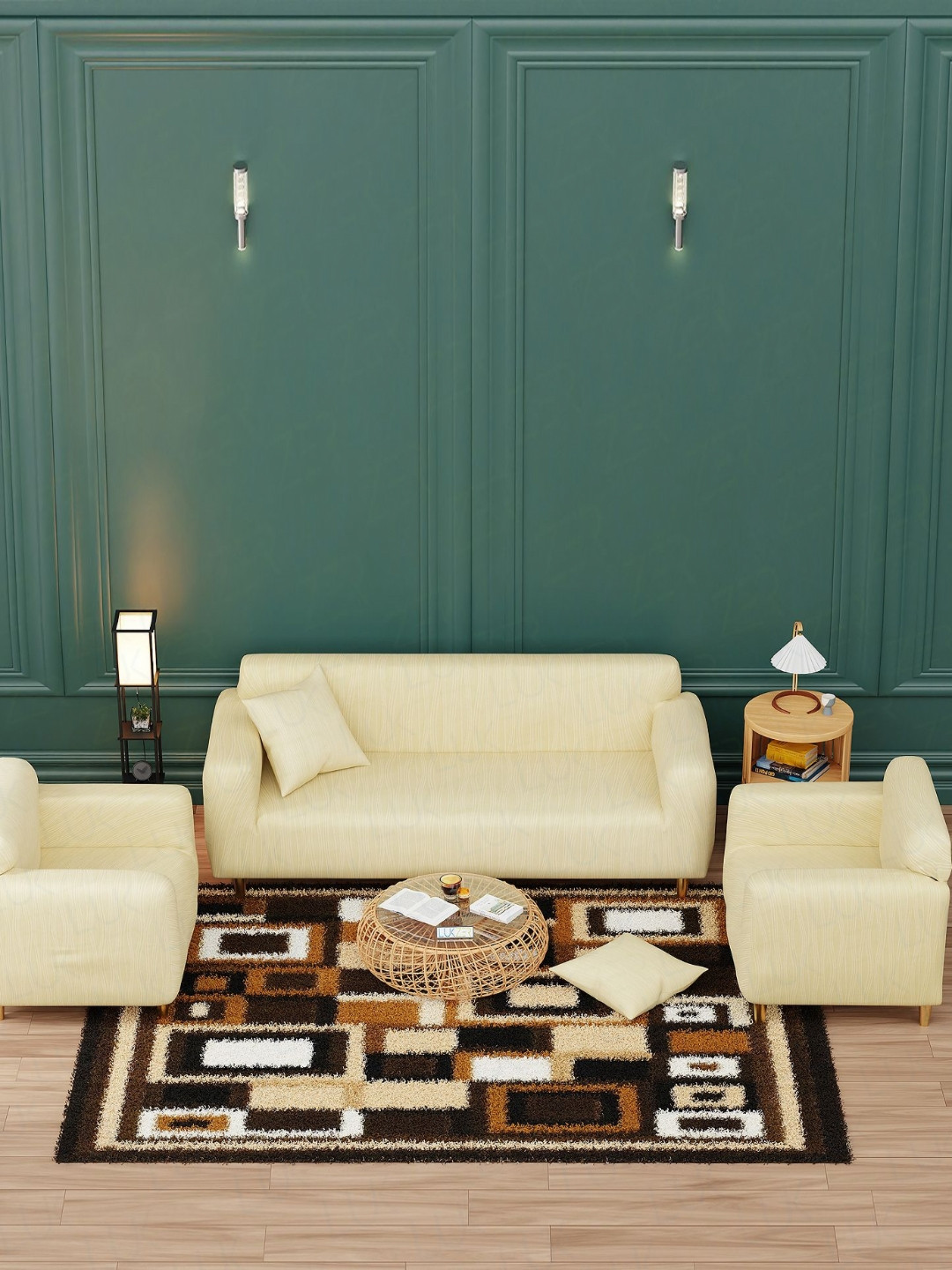 Lukzer Pastel Yellow Wavy Stripes Pattern 5 Seater Sofa Cover