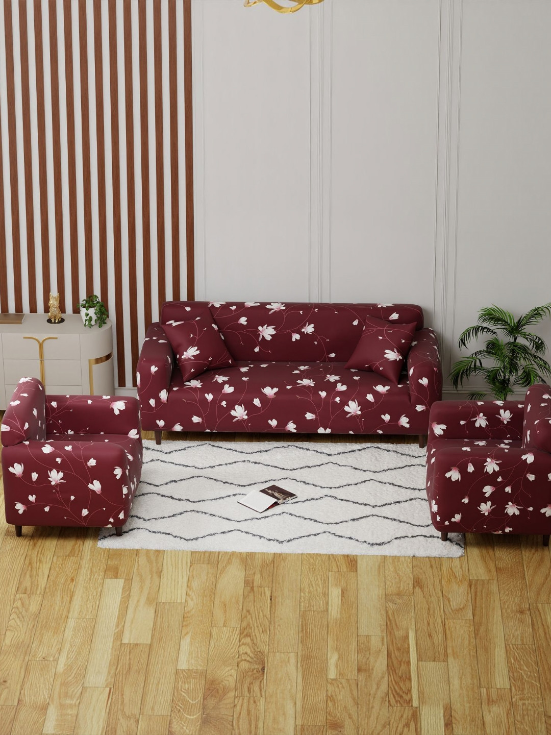 Lukzer Maroon Flower Design 5 Seater Sofa Cover
