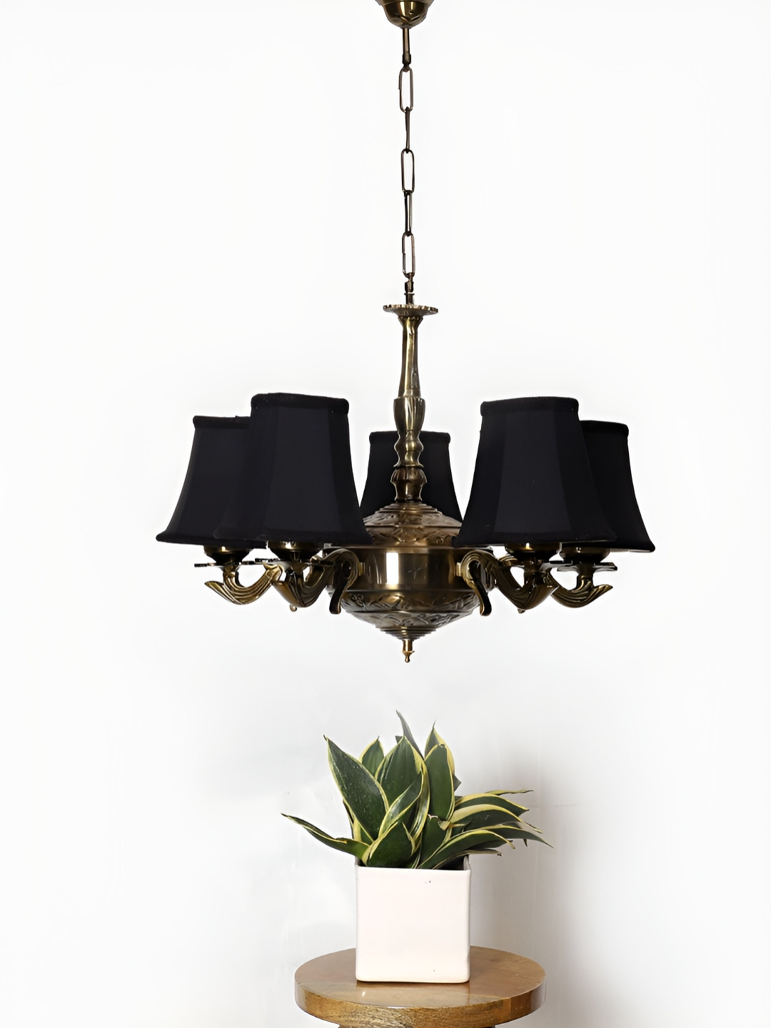 Devansh Black Round cotton shade with Antique Golden Chandelier Metal Ceiling Lamp