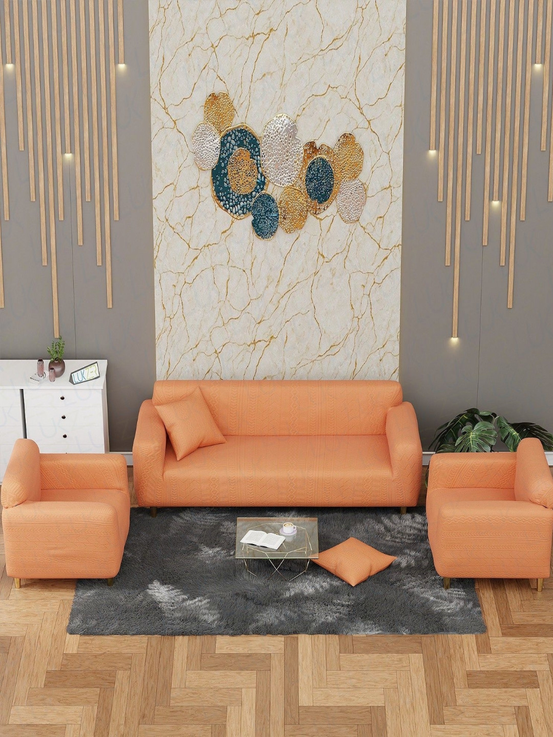 Lukzer Pastel Orange Zigzag Pattern 5 Seater Sofa Cover