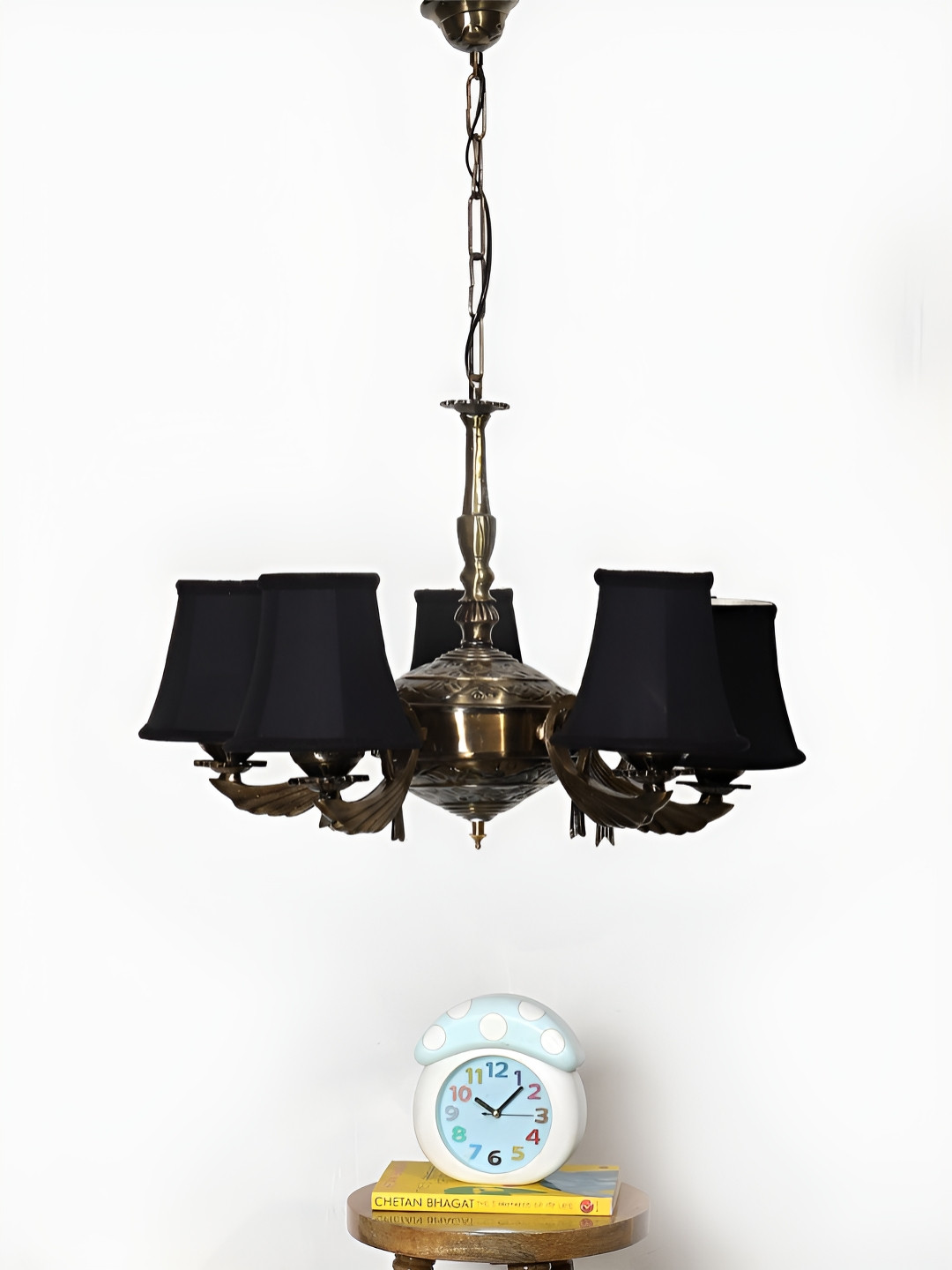 Devansh Black Round cotton shade with Antique Golden Chandelier Metal Ceiling Lamp