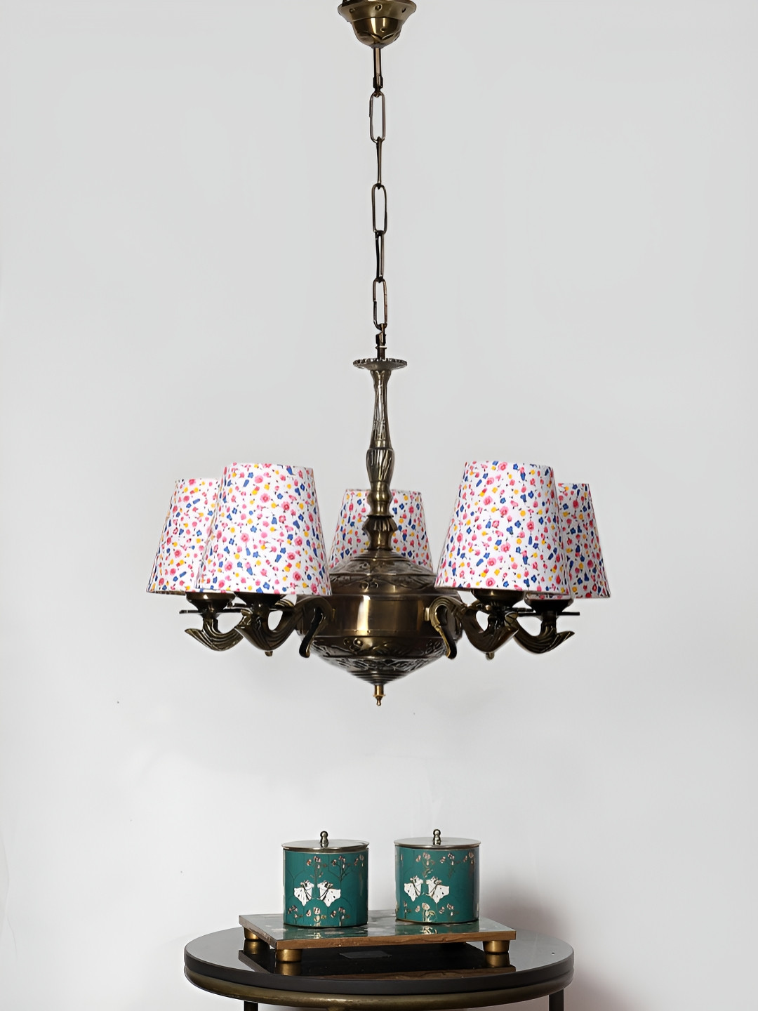 Devansh White Printed conical cotton shade with Antique Golden Chandelier Ceiling Lamp