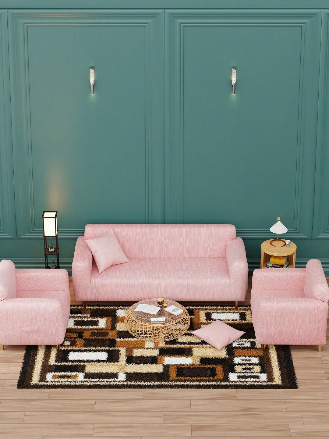 Lukzer Pastel Pink Wavy Stripes Pattern 5 Seater Sofa Cover