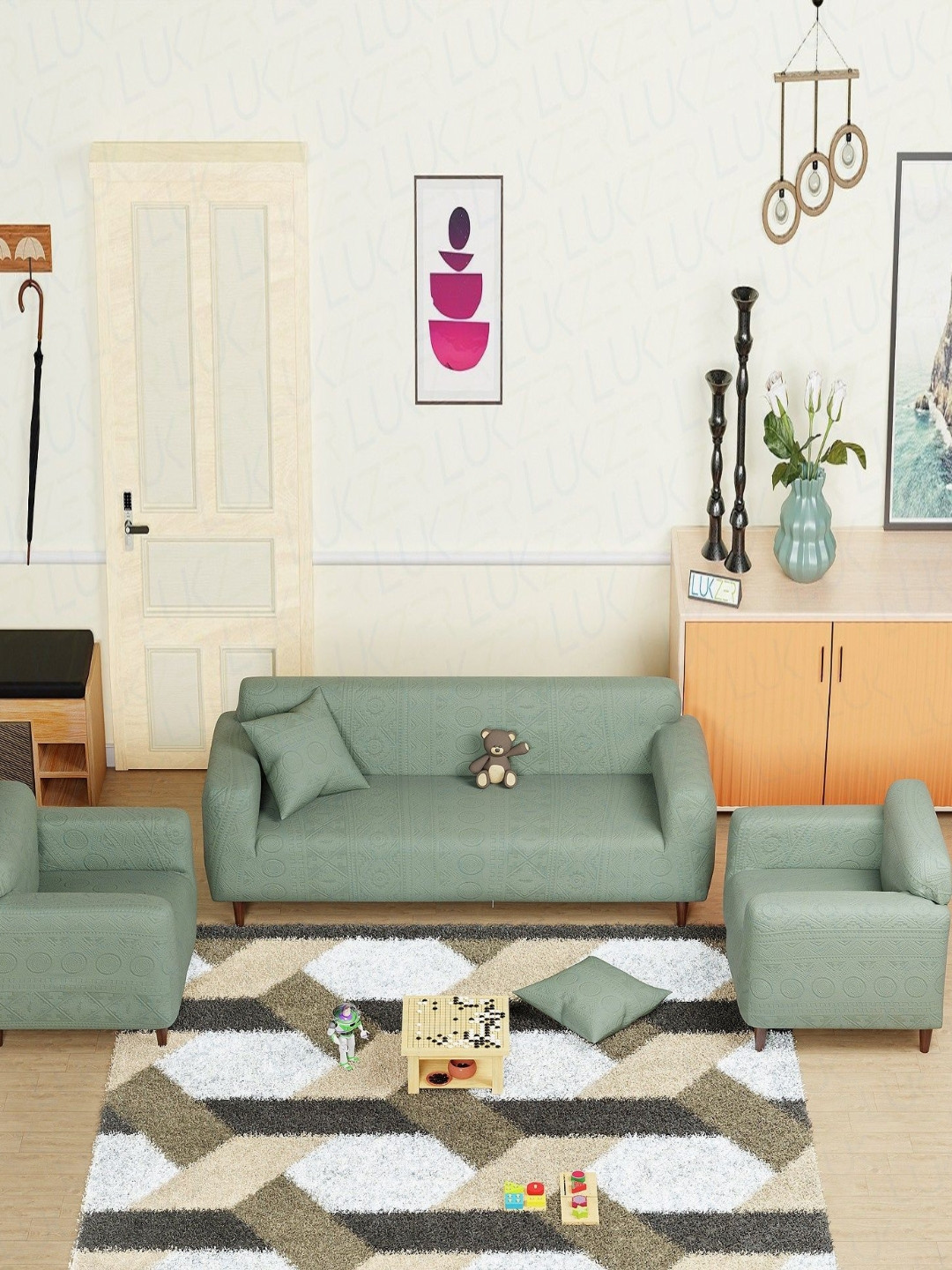 Lukzer Pastel Green Tribal Pattern 5 Seater Sofa Cover