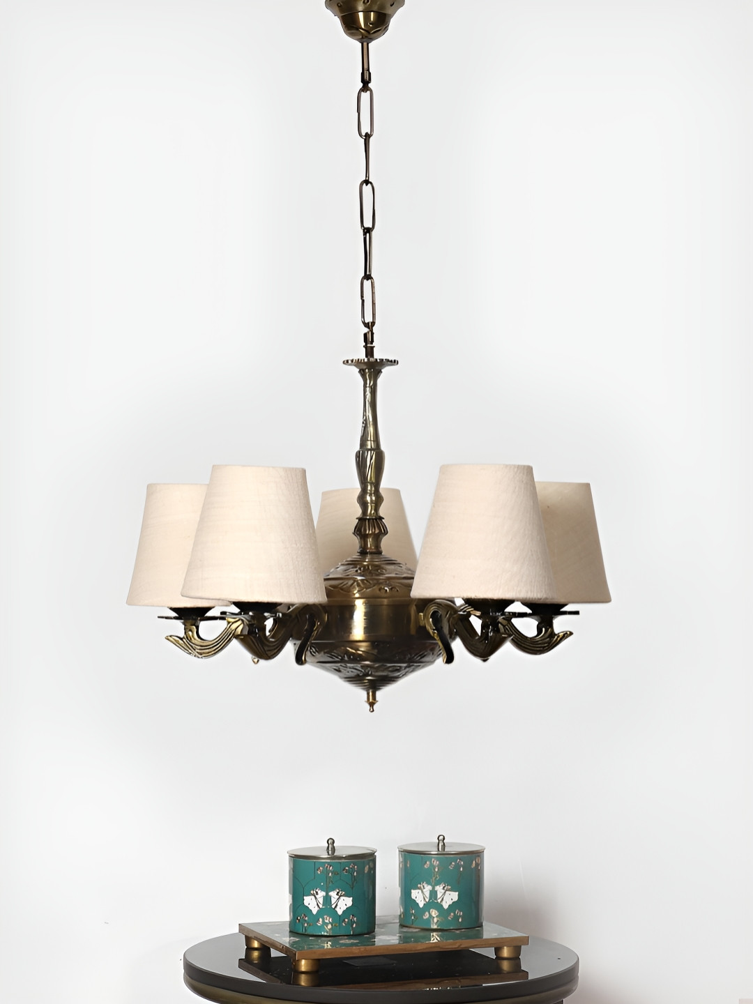 Devansh White Jute conical shade with Antique Golden Chandelier Metal Ceiling Lamp