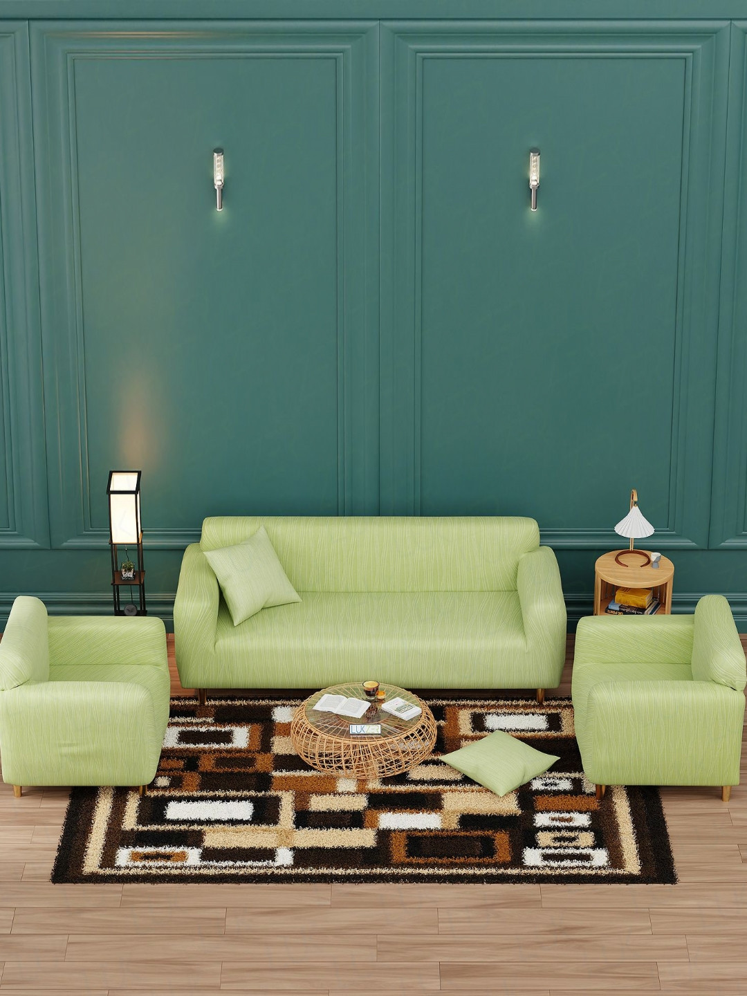 Lukzer Pastel Green Wavy Stripes Pattern 5 Seater Sofa Cover