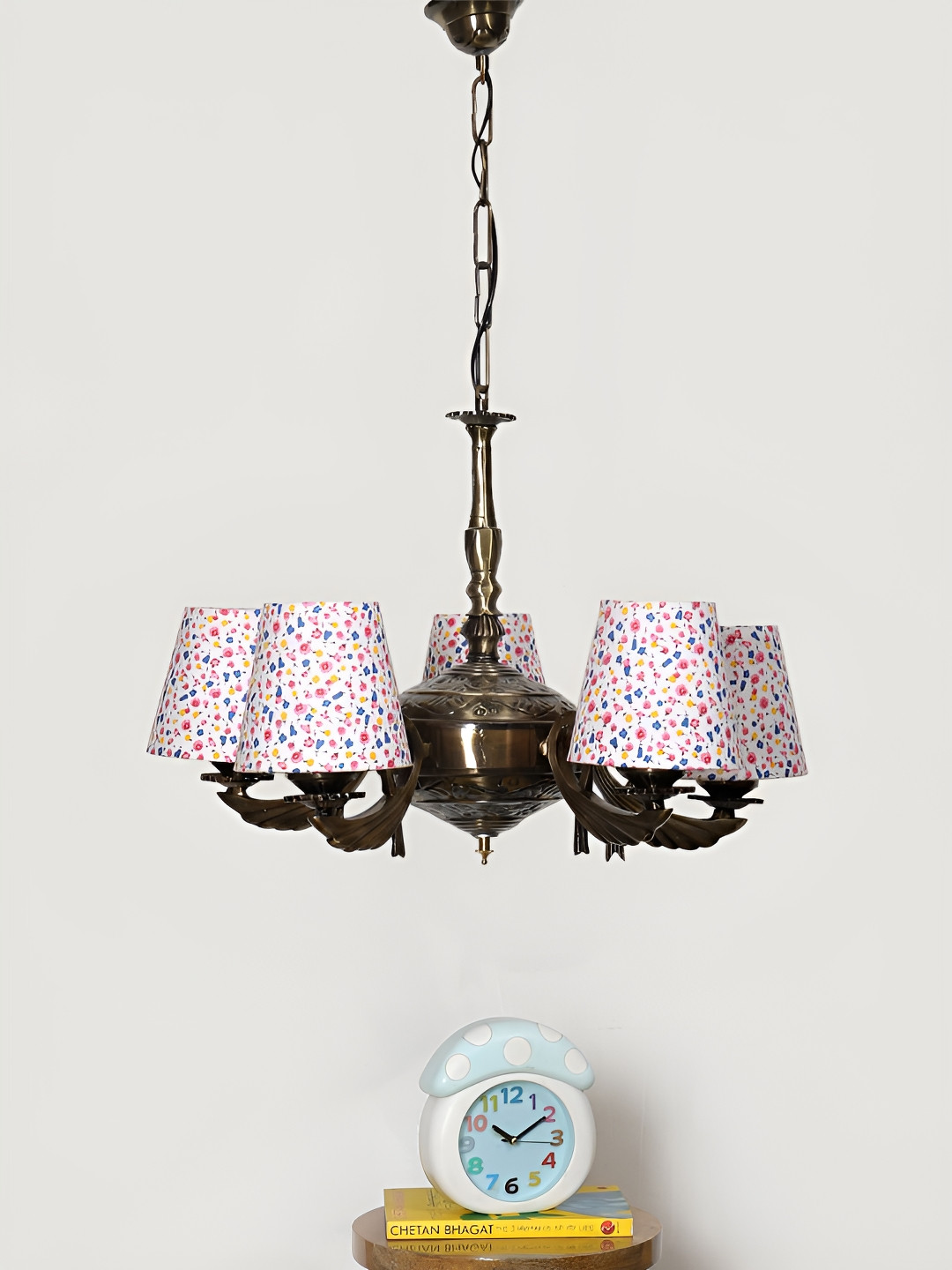Devansh White Printed conical cotton shade with Antique Golden Chandelier Ceiling Lamp