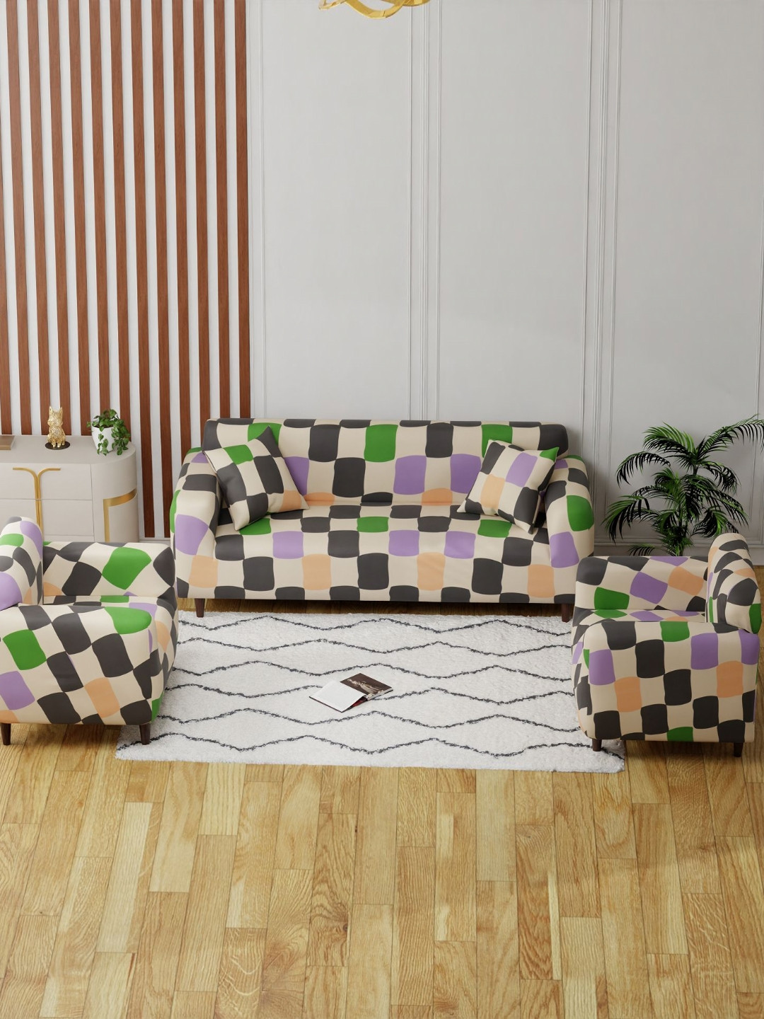 Lukzer Multi Color Square Design 5 Seater Sofa Cover