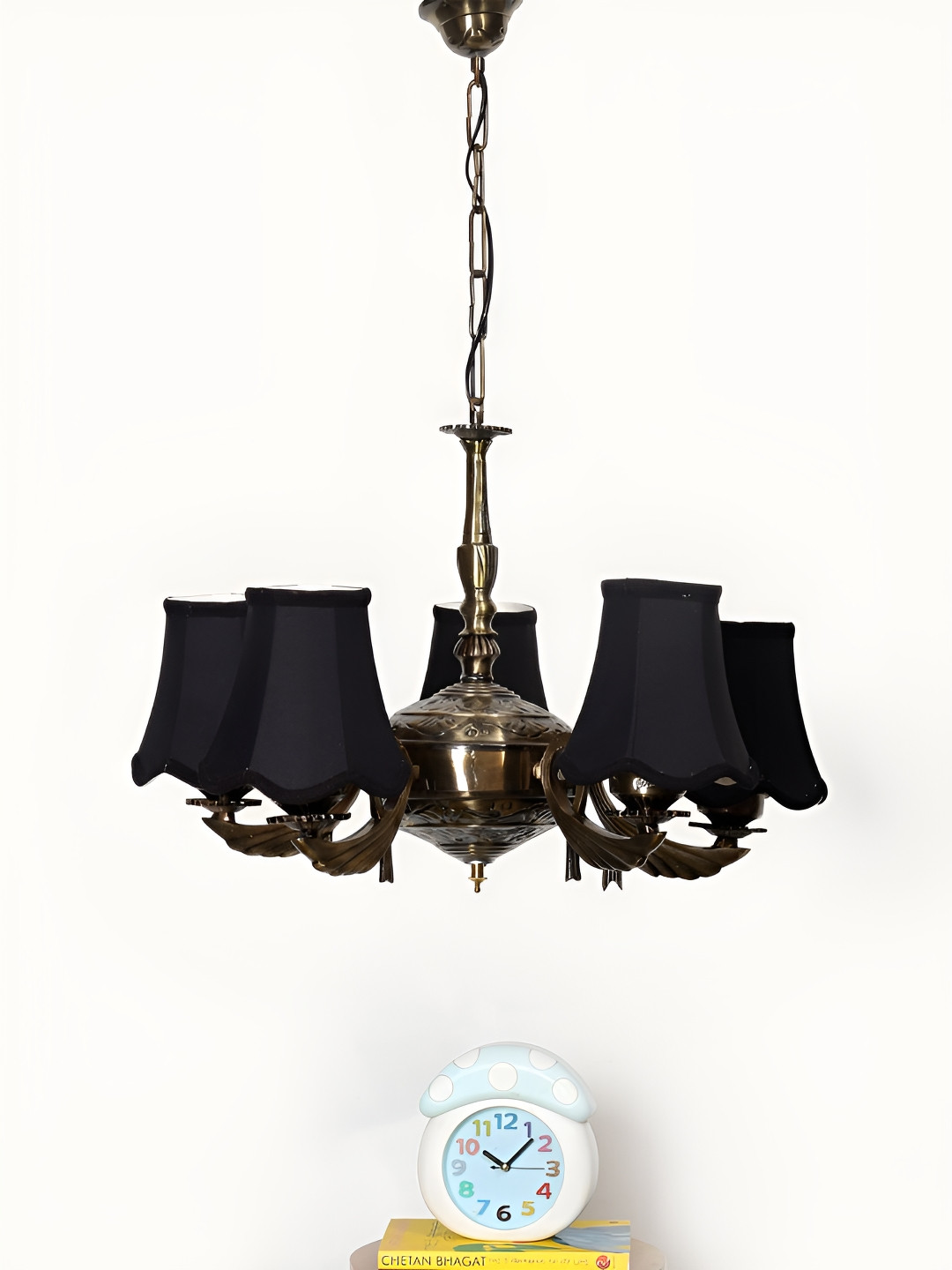 Devansh Black Vintage cotton shade with Antique Golden Chandelier Metal Ceiling Lamp
