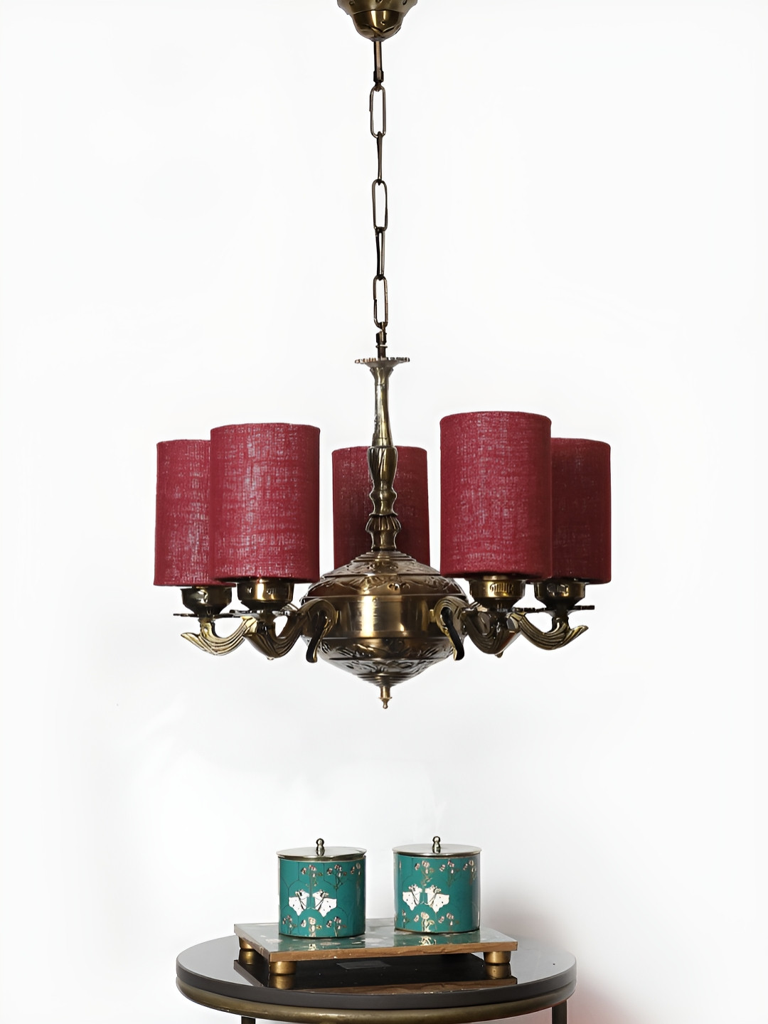 Devansh Maroon Jute Round shade with Antique Golden Chandelier Metal Ceiling Lamp