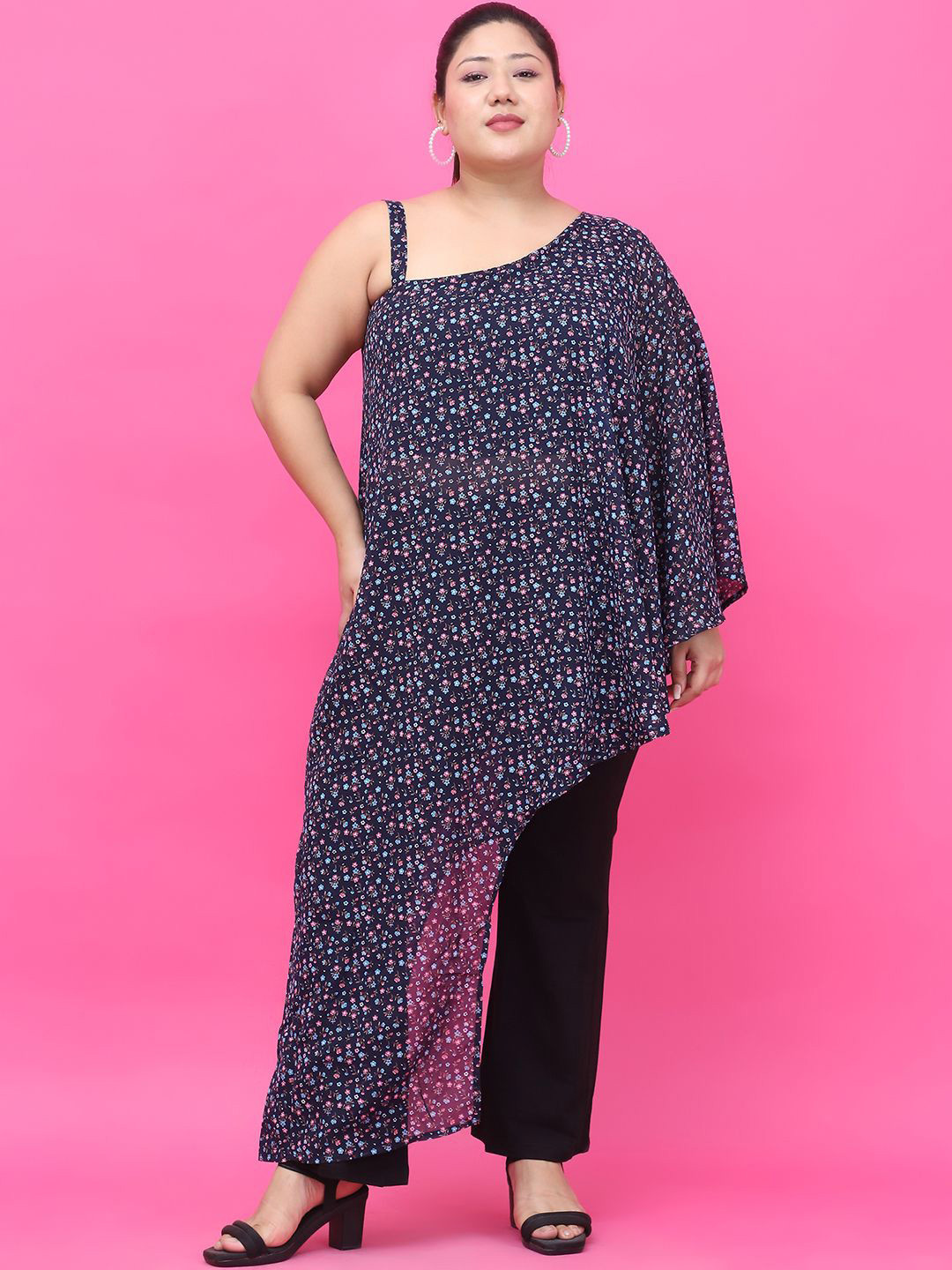 theRebelinme Plus Size Floral Print Georgette One Shoulder Longline Top