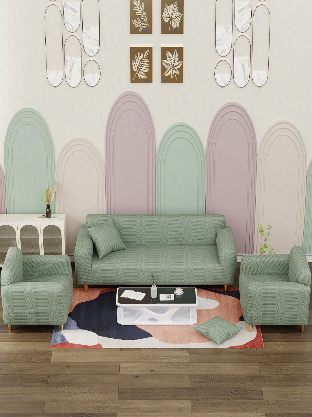 Lukzer Pastel Green Dotted Stripe Pattern 5 Seater Sofa Cover with 2 Cushion Cover