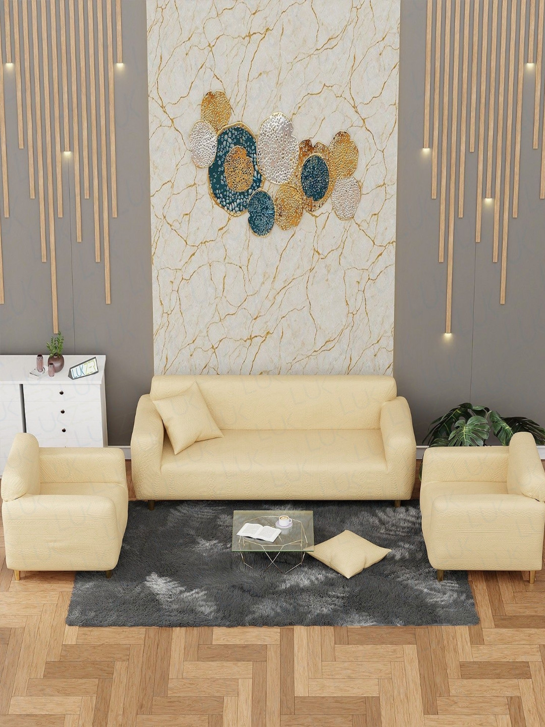 Lukzer Pastel Yellow Zigzag Pattern 5 Seater Sofa Cover