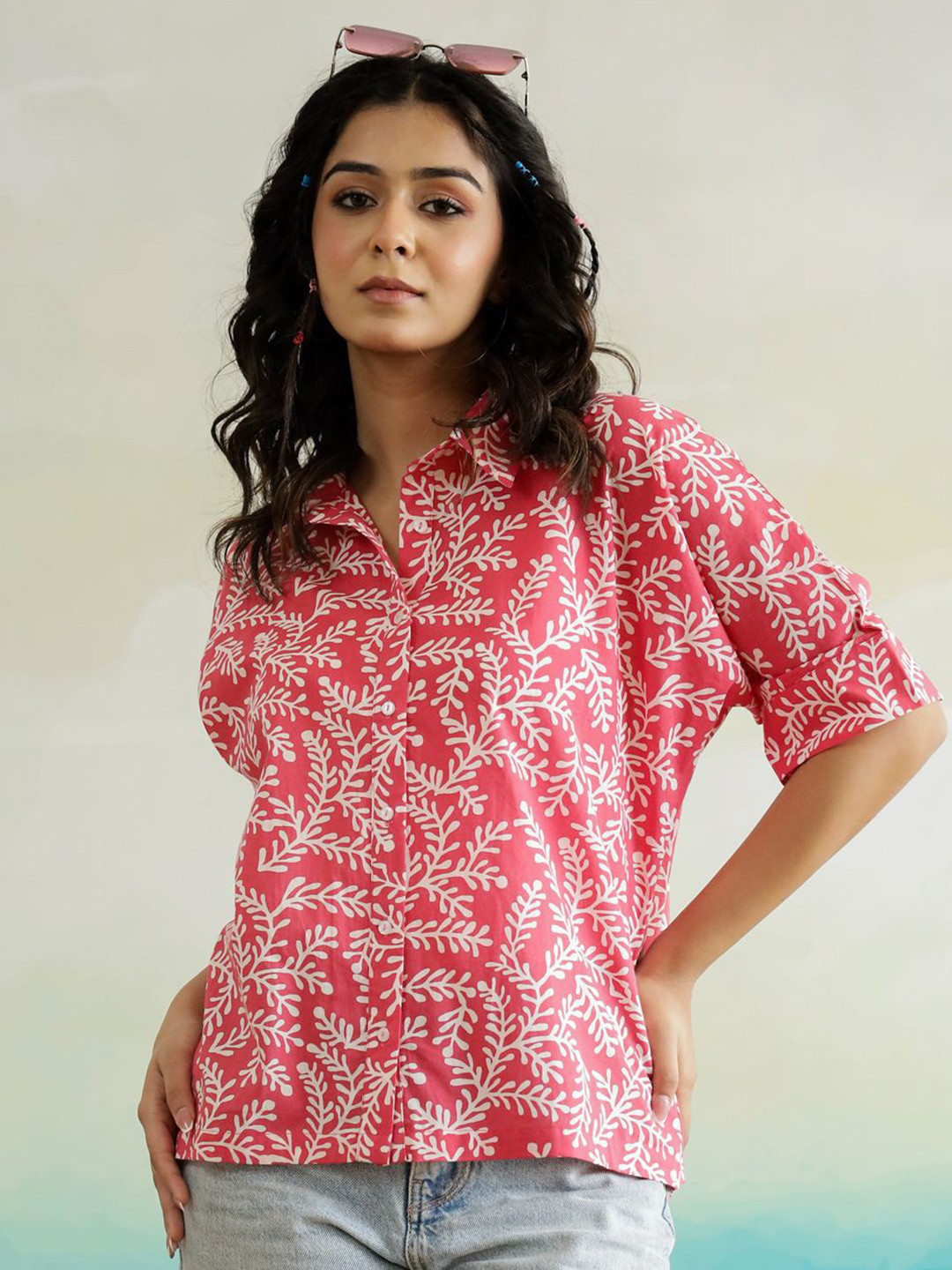 SANSKRUTIHOMES Women Floral Print Roll-Up Sleeves Cotton Top