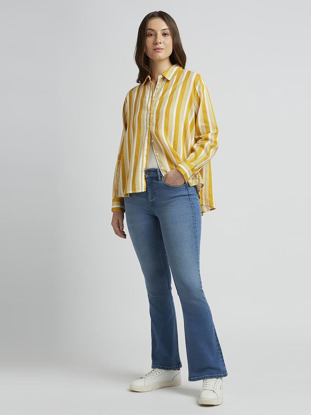 Pepe Jeans Women Cutaway Collar Vertical Striped Linen Blend Relaxed Fit Casual Shirt