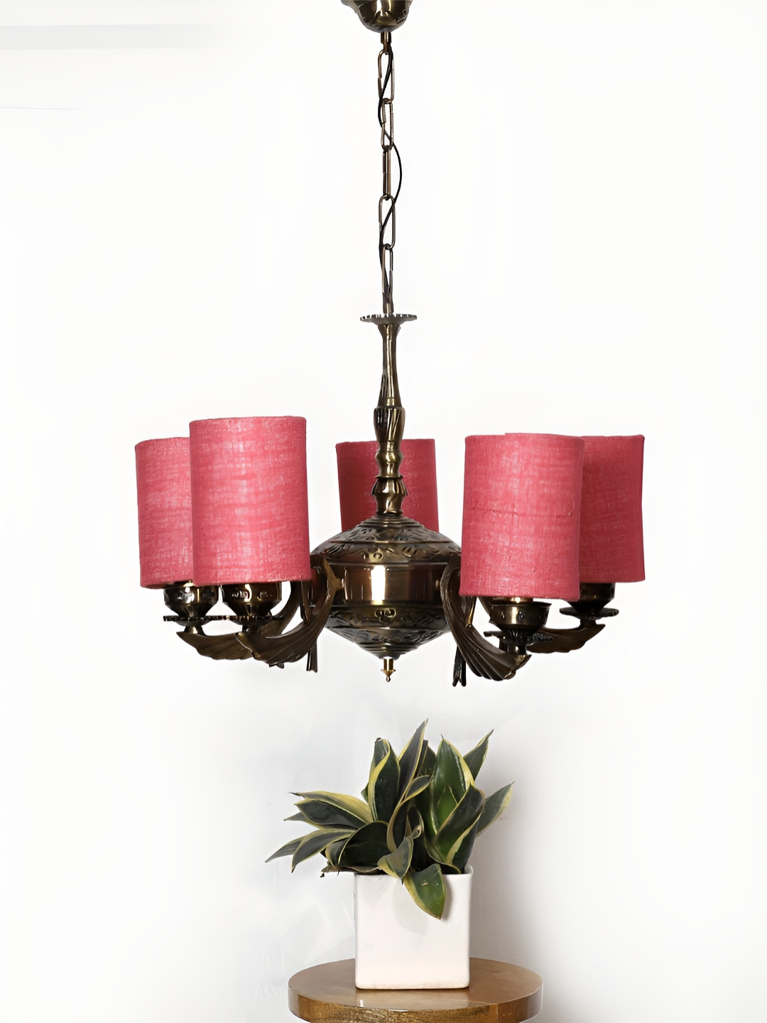 Devansh Maroon & Bronze-Toned Cylinder Shaped Contemporary Metal Ceiling Lamp