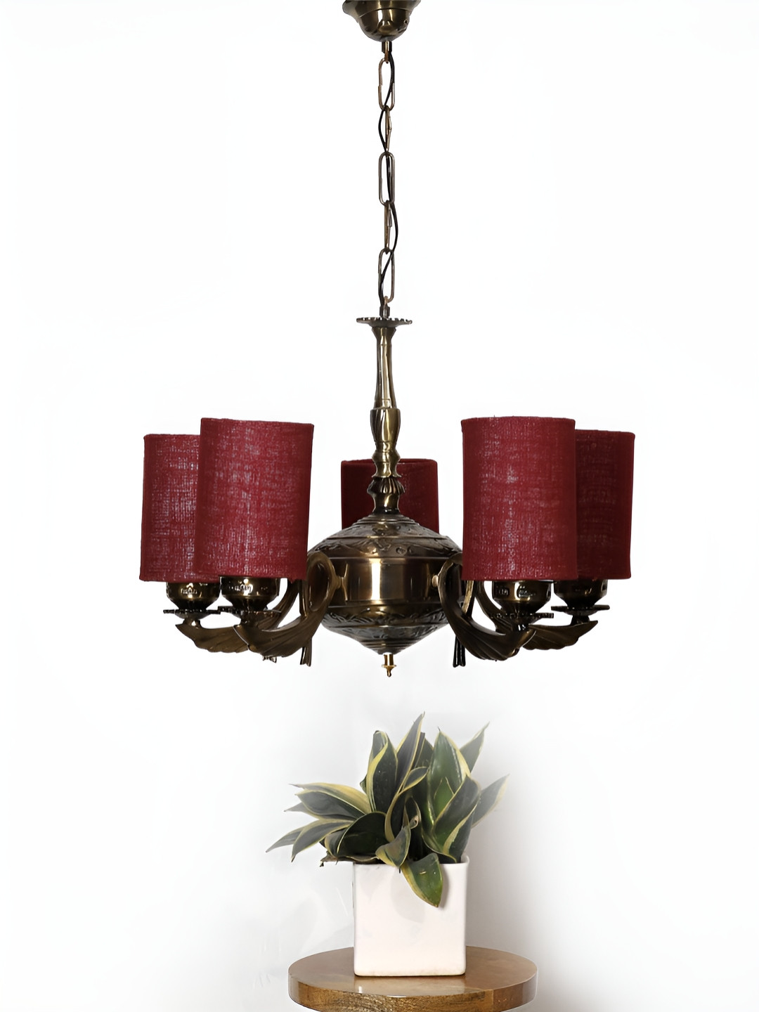 Devansh Pink Textured Jute Round  shade with Antique Golden Chandelier Metal Ceiling Lamp