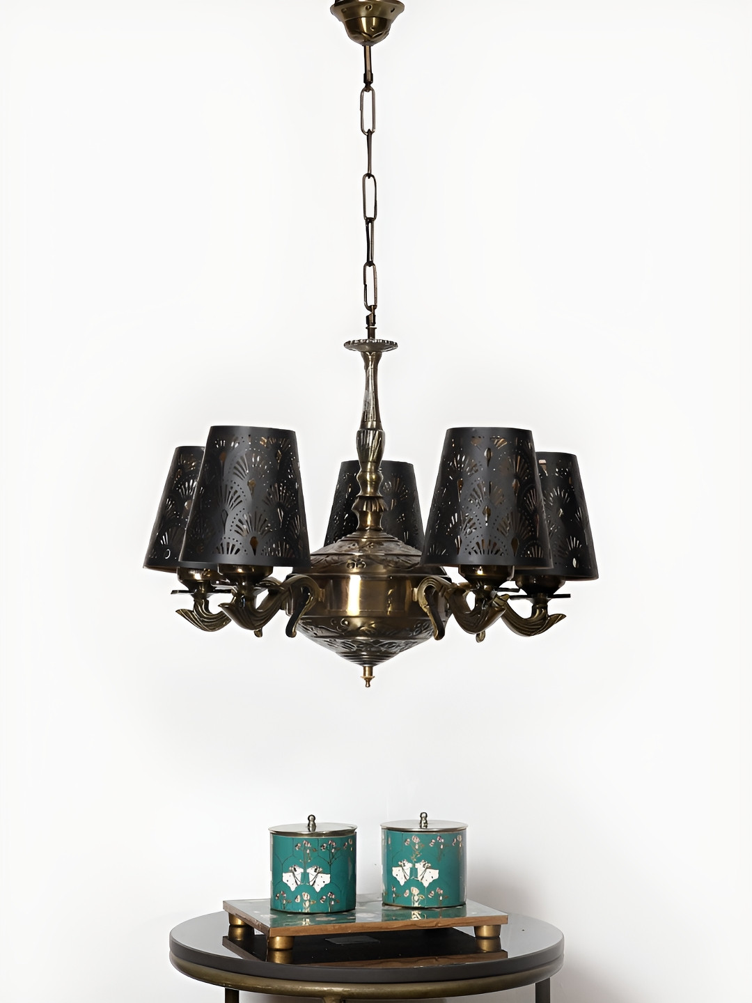 Devansh Black & Gold-Toned Metal Etched shade with Antique Golden Chandelier Ceiling Lamp