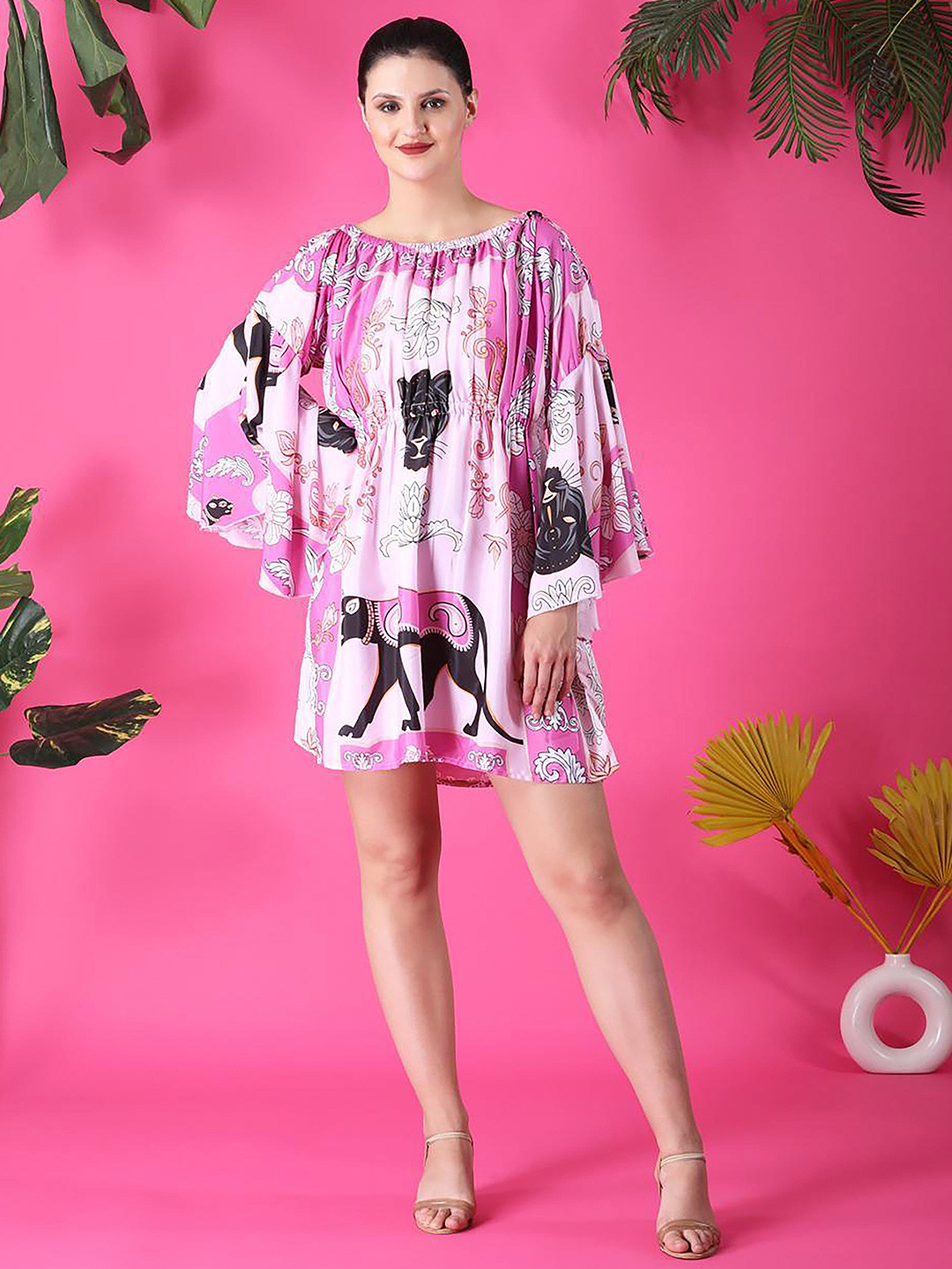 KWEEN Floral Print Slit Sleeve A-Line Dress