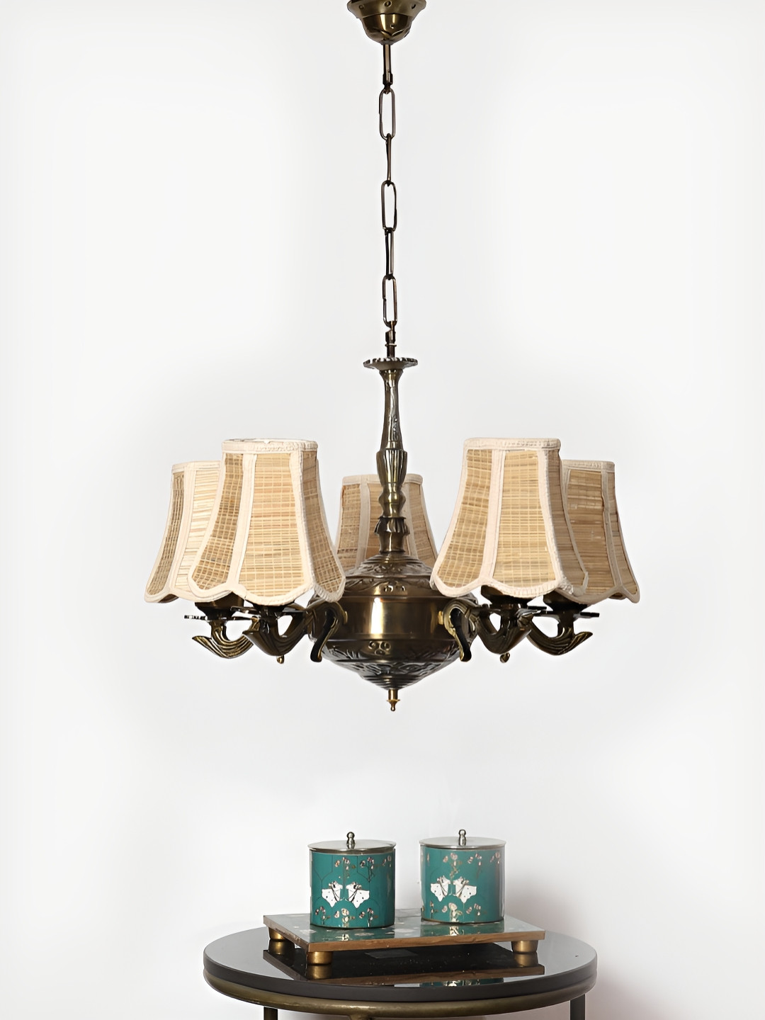 Devansh Beige Bamboo Vintage shade with Antique Golden Chandelier Metal Ceiling Lamp