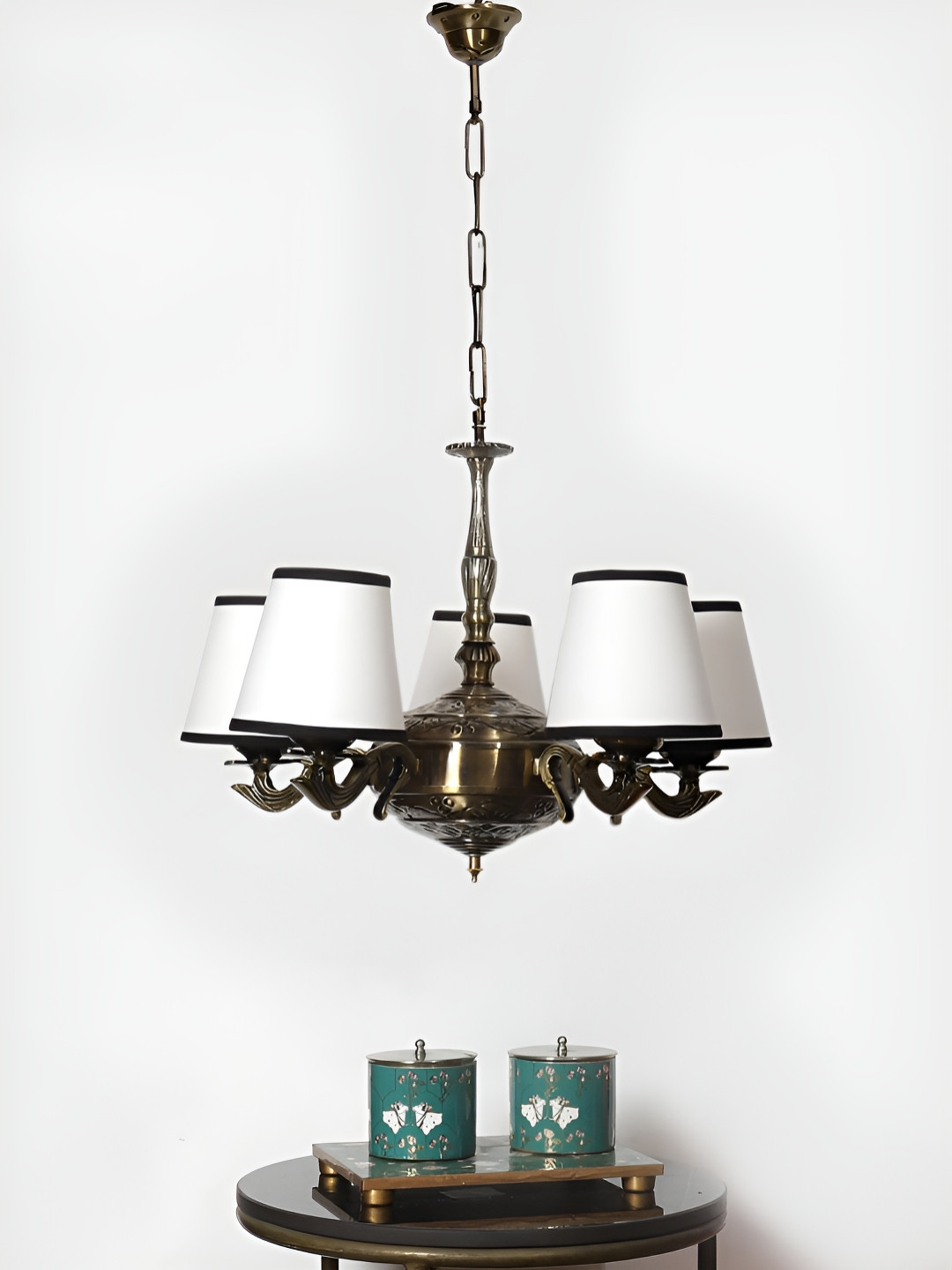 Devansh White Conical cotton shade with Antique Golden Chandelier Metal Ceiling Lamp