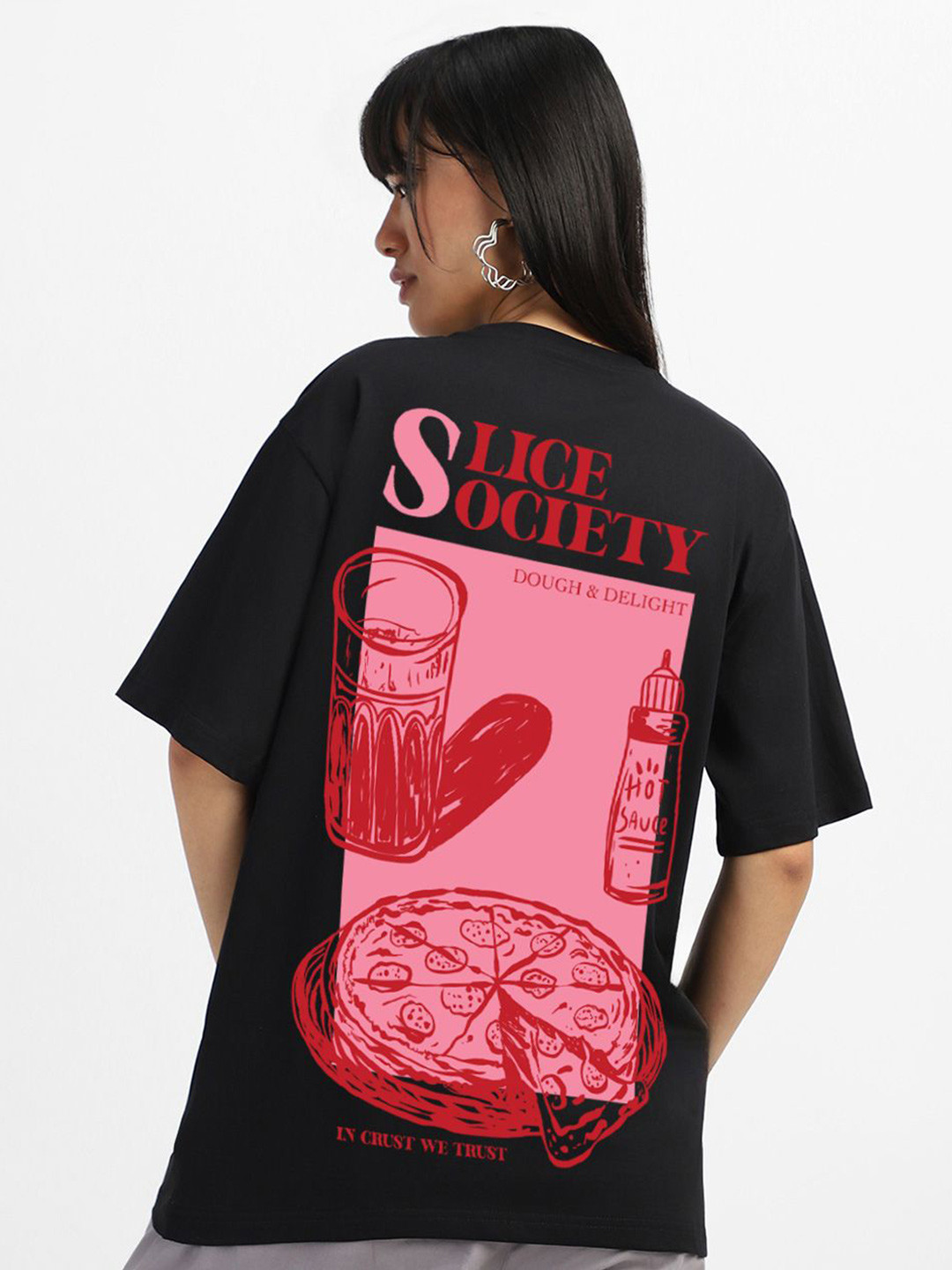 JUNEBERRY Women Black Graphic Printed Round Neck Relaxed Fit Pure Cotton Oversized T-shirt