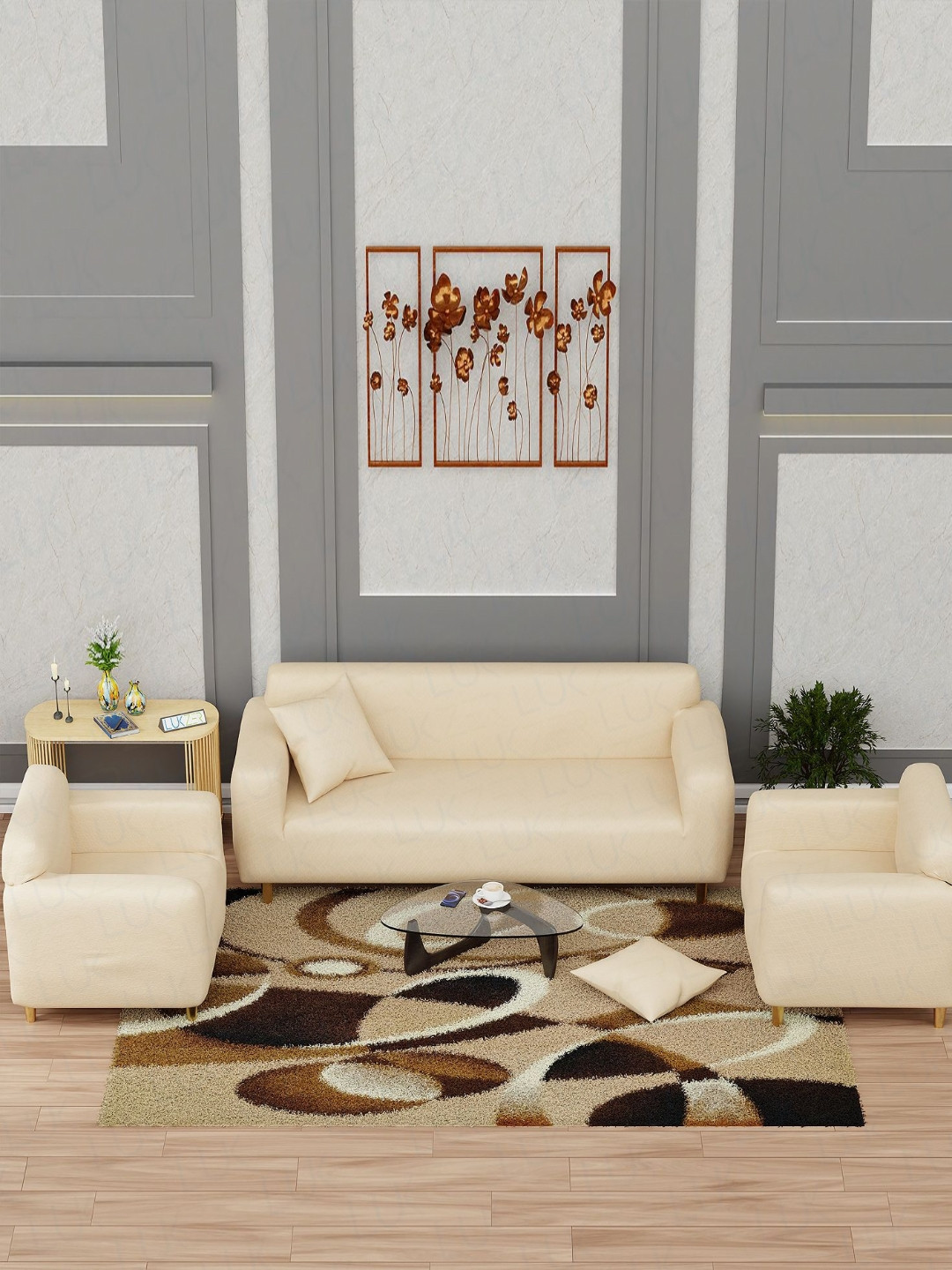 Lukzer Pastel Yellow Curved Diamond Pattern 5 Seater Sofa Cover