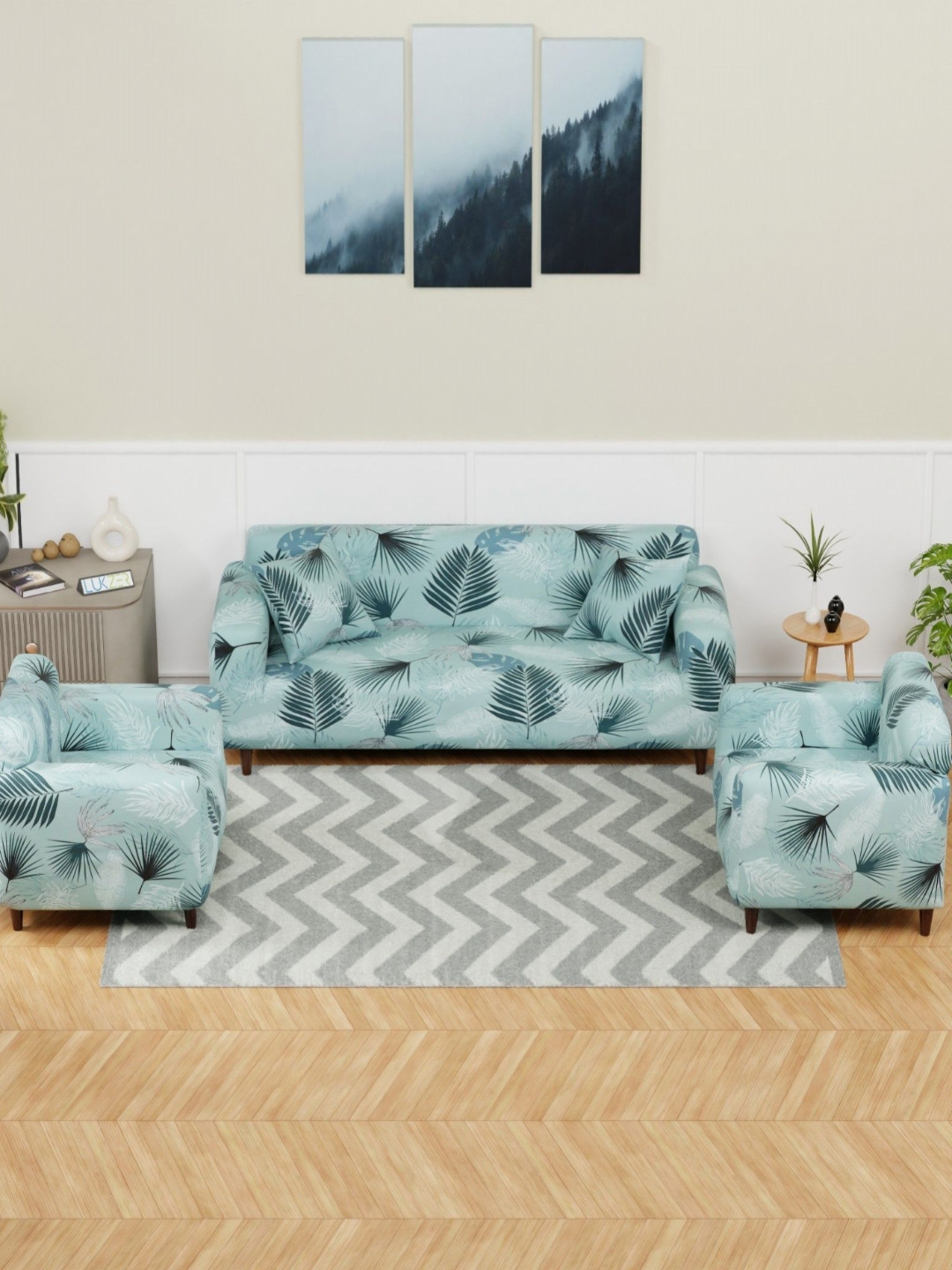 Lukzer Blue Printed Polyester 5 Piece Sofa Cover With Cushion Covers