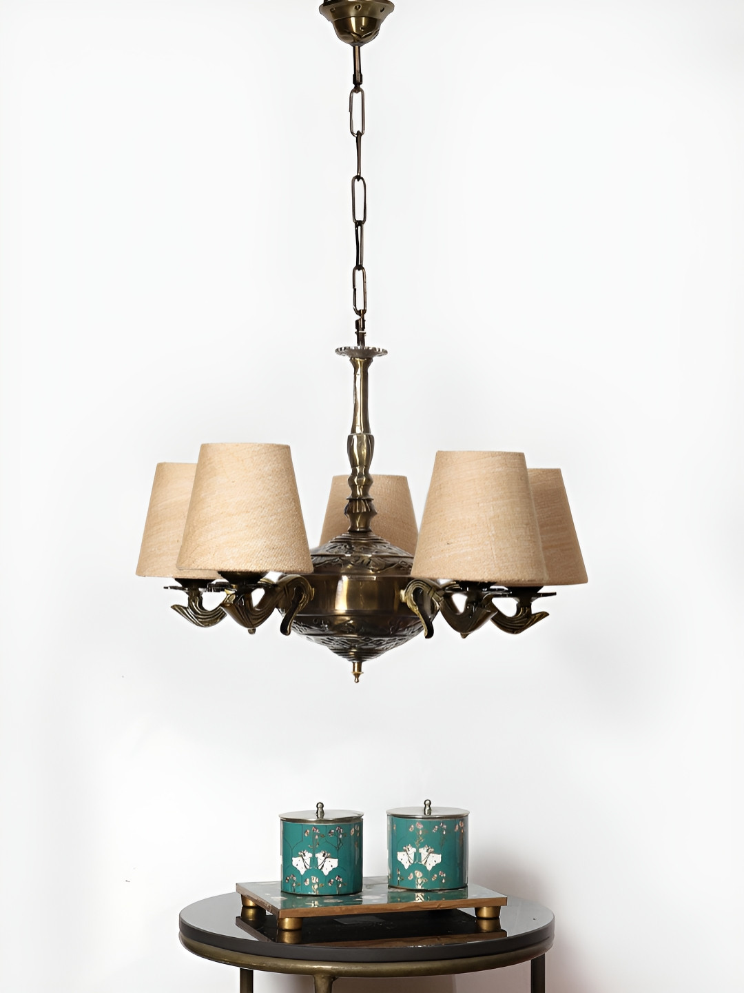 Devansh Beige Textured conical shade with Antique Golden Chandelier Metal Ceiling Lamp