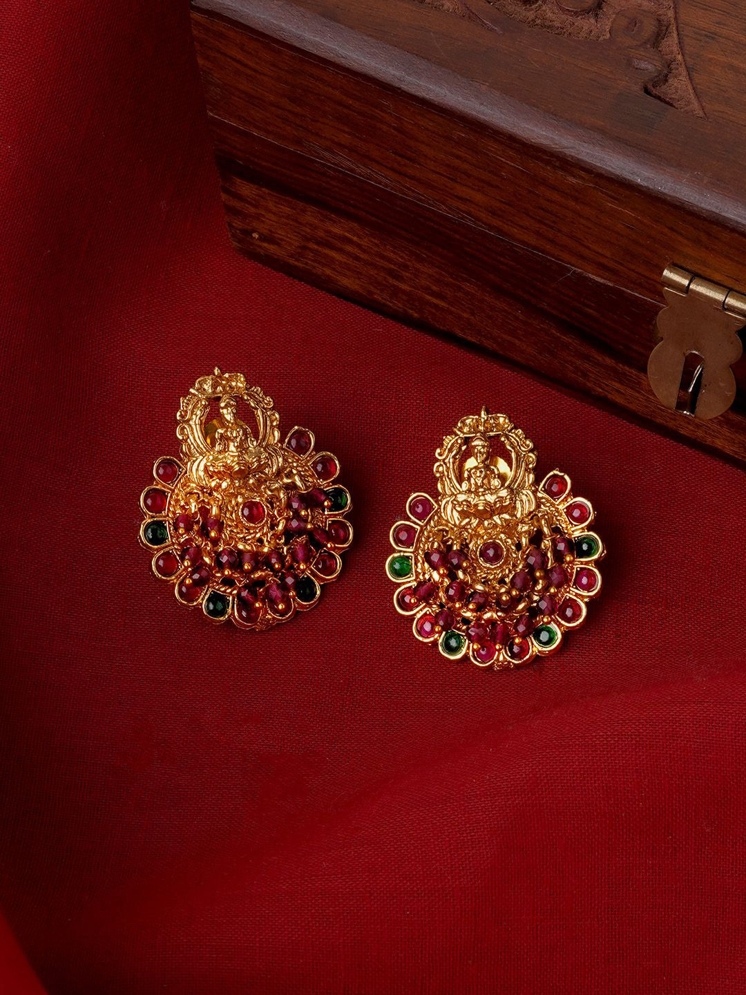 TEEJH Gold-Plated Stone Studded Temple Contemporary Studs