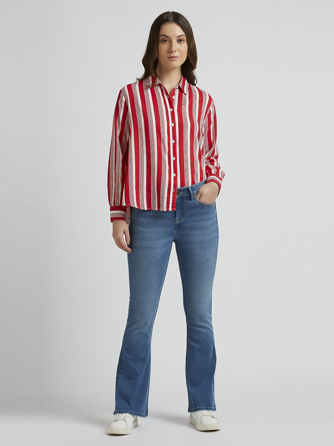 Pepe Jeans Women Spread Collar Vertical Striped Linen Blend Relaxed Fit Casual Shirt