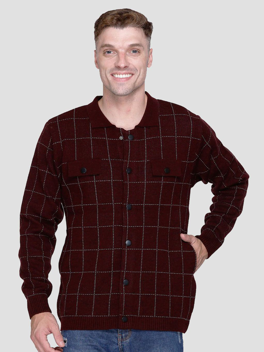 aarbee Men Checked Acrylic Knitted Front Open Jacket Casual Sweater