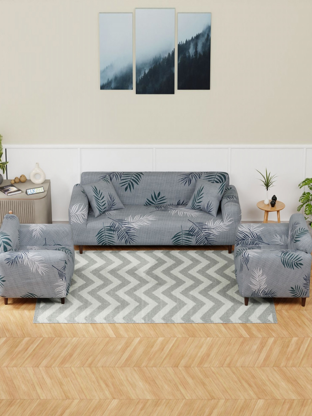 Lukzer Grey Printed Polyester 5 Pieces Sofa Cover With Cushion Covers